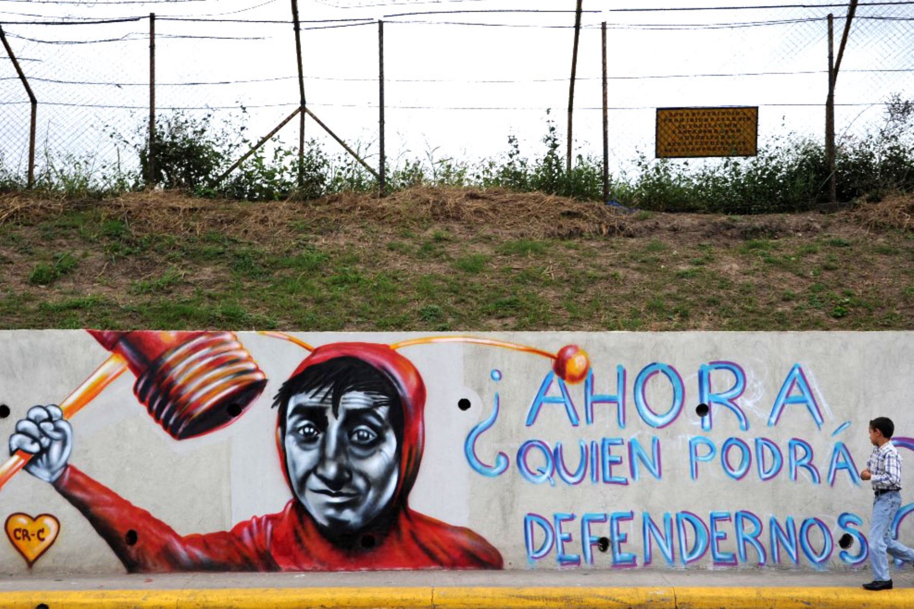 Un niño mira un cuadro en una pared que representa al personaje del comediante mexicano Roberto Gómez Bolaños, "El Chapulín Colorado", leyendo su frase "Ahora, ¿quién podrá defendernos?". en Tegucigalpa el 30 de noviembre de 2014. Foto: AFP