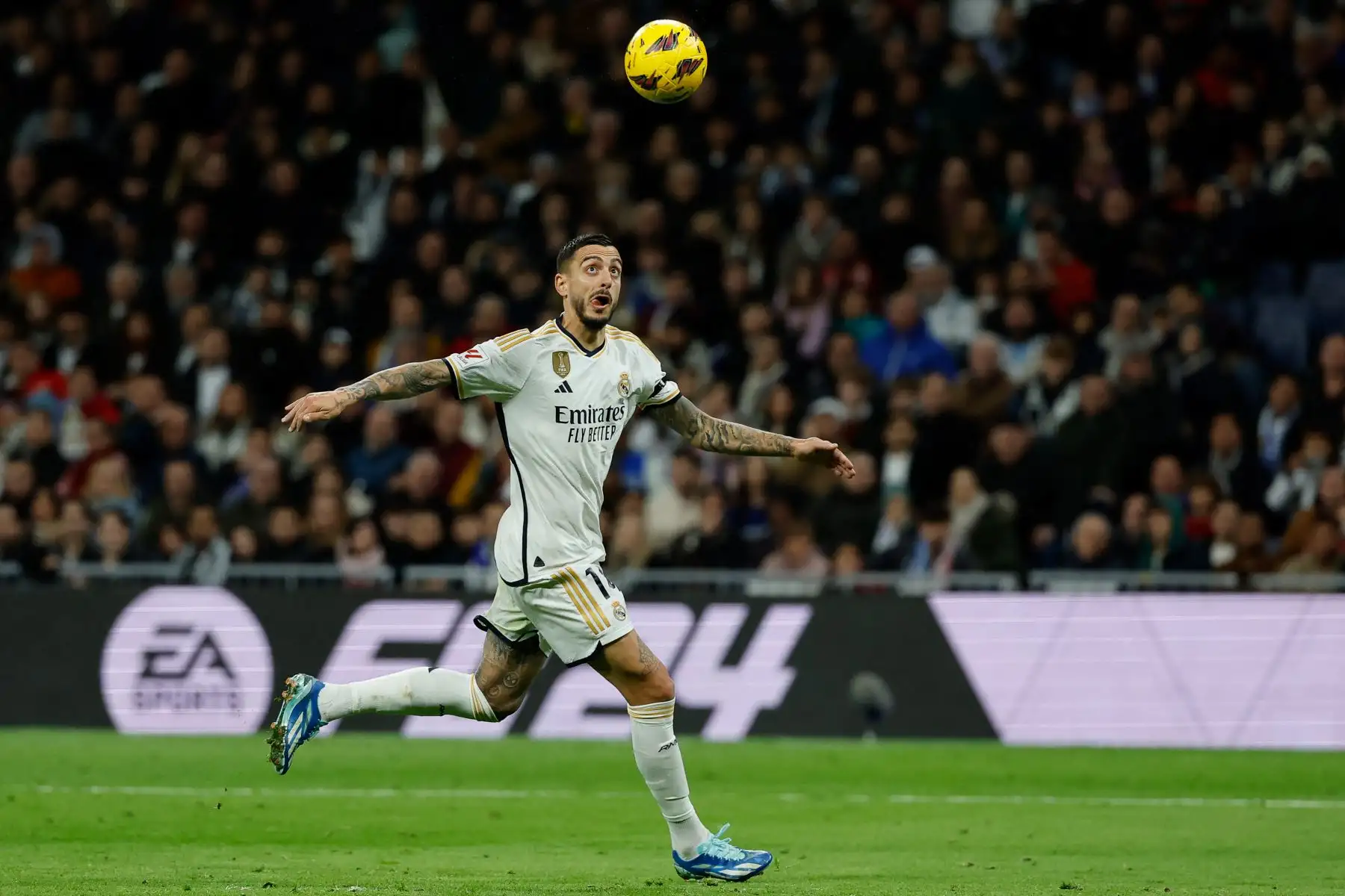 El delantero español del Real Madrid, Joselu mira el balón durante el partido de fútbol de la liga española entre el Real Madrid CF y el Granada FC en el estadio Santiago Bernabeu de Madrid.
Foto: AFP