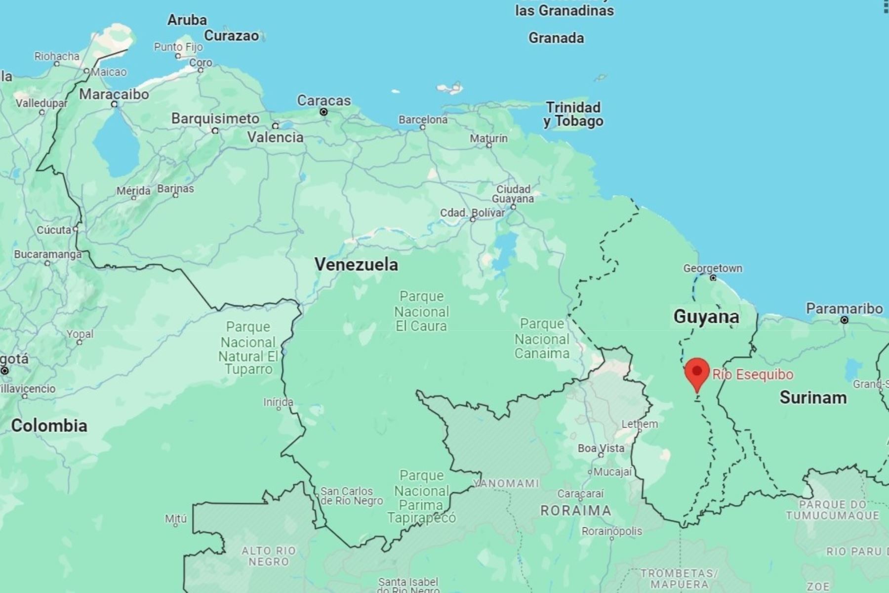 Sección de mapa de Sudamérica que muestra a Venezuela y Guyana. Imagen: Google Maps/Internet.
