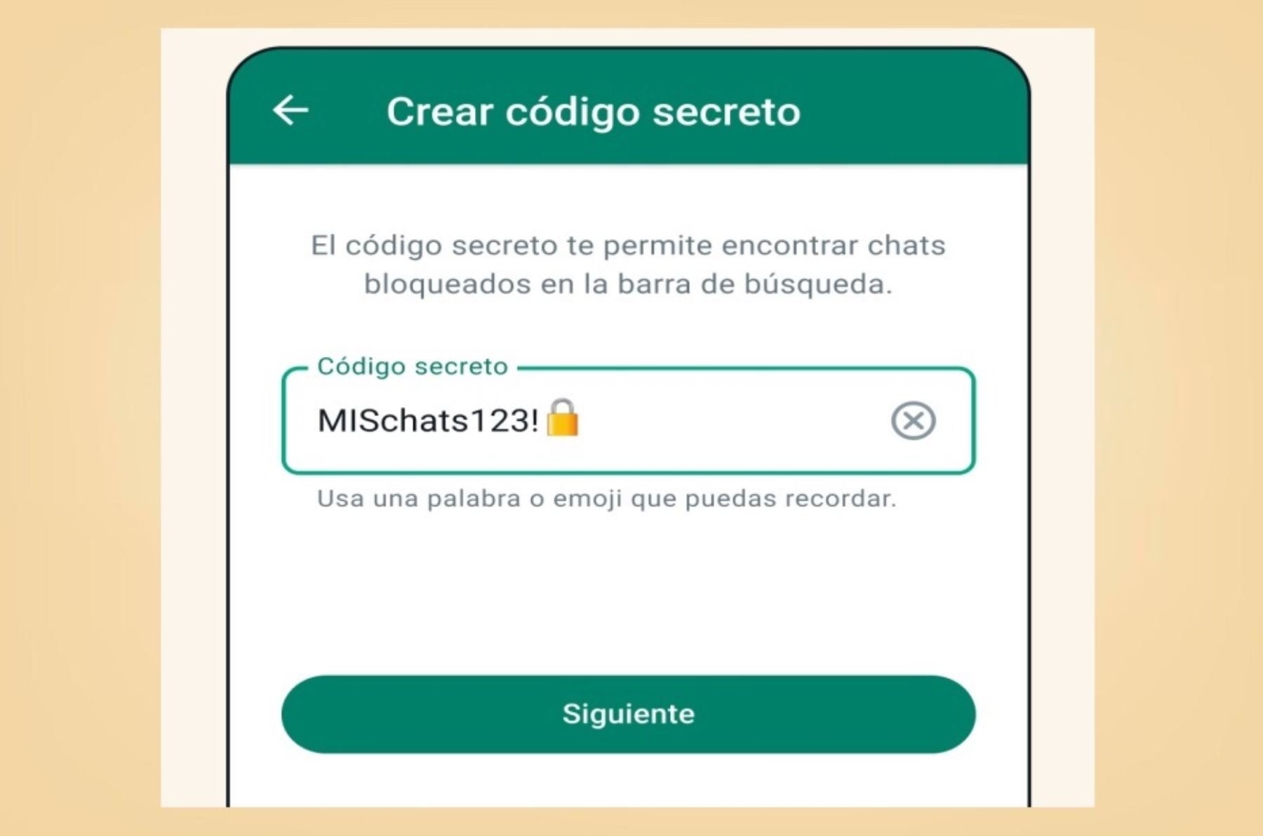 El código secreto permite establecer una contraseña única diferente de la que usas para desbloquear tu teléfono a fin de agregar un nivel de privacidad adicional para tus chats bloqueados.