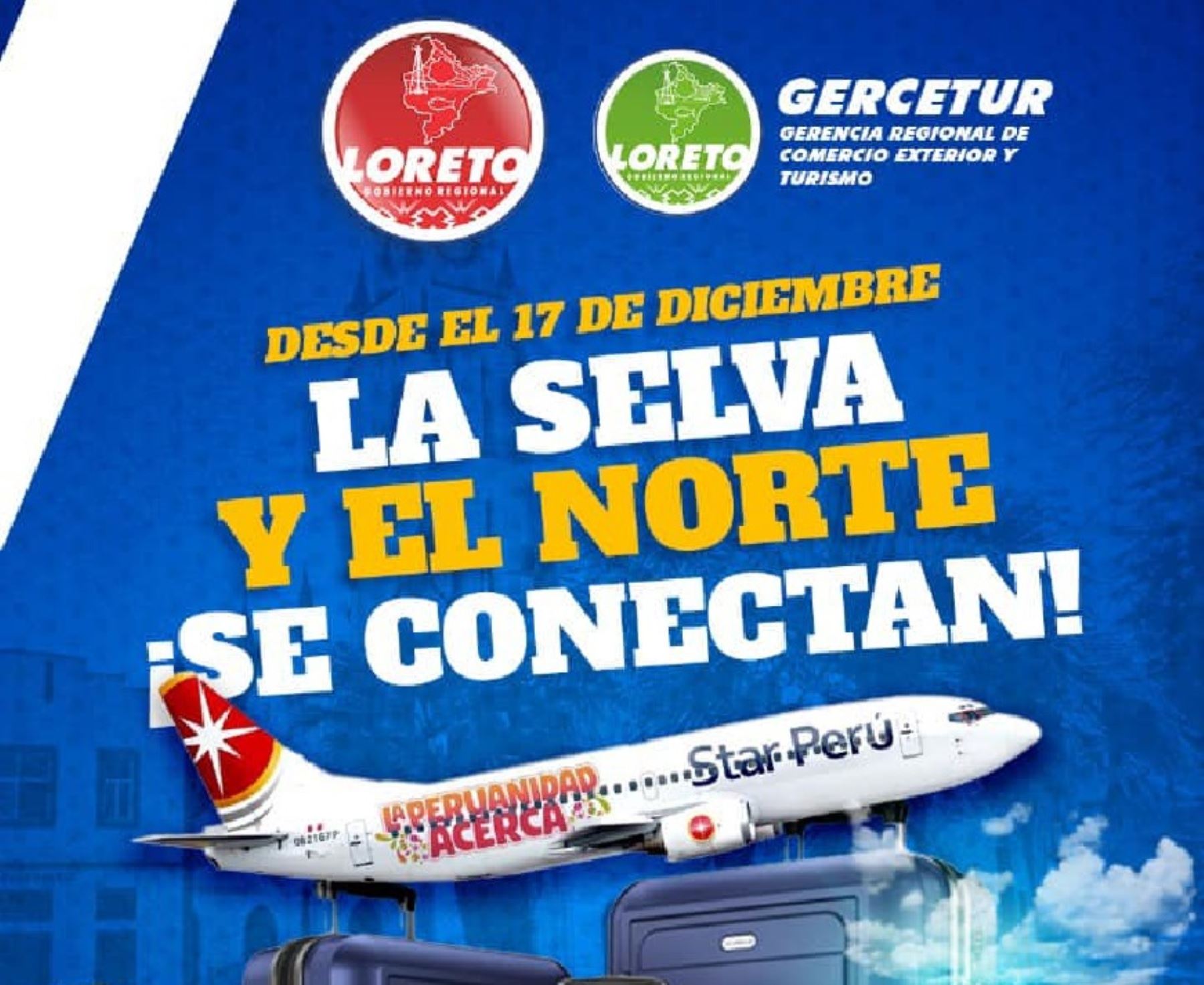 Este domingo 17 de diciembre se inician los vuelos interregionales directos sin pasar por Lima. El vuelo inaugural partirá de Iquitos y llegará primero a Tarapoto y luego a Chiclayo. ANDINA/Difusión