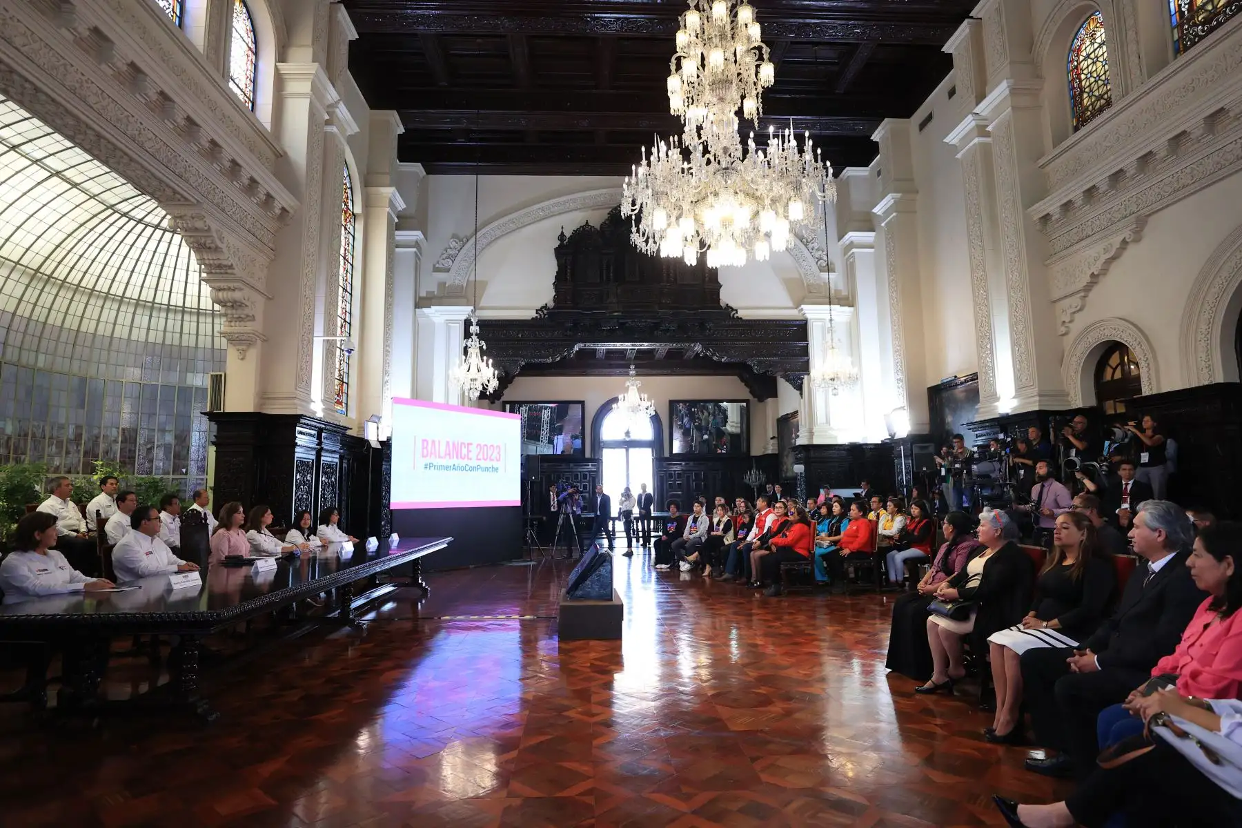 La presidenta Dina Boluarte, junto a ministros de Estado, presentan los avances del primer año de gestión 2023. Foto: ANDINA/ Prensa Presidencia
