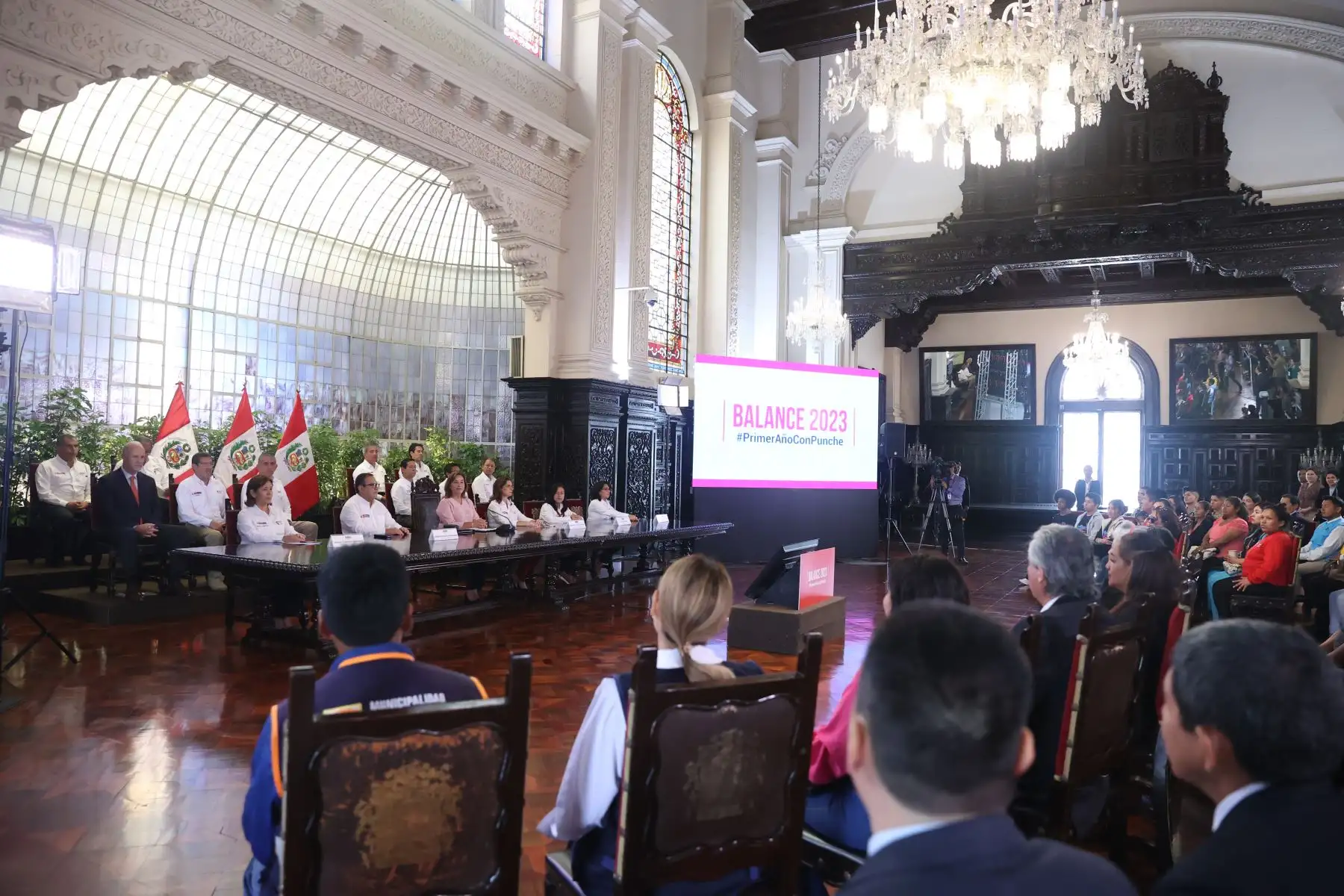 La presidenta Dina Boluarte, junto a ministros de Estado, presentan los avances del primer año de gestión 2023. Foto: ANDINA/ Prensa Presidencia