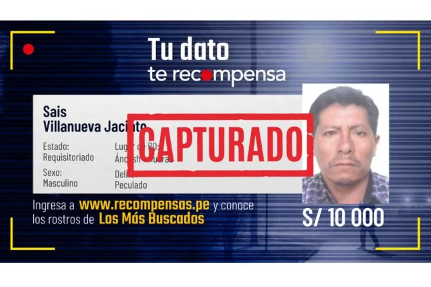 Sais Villanueva Jacinto, de 55 años, fue capturado en Sihuas, región Áncash, informó el Mininter. Foto: ANDINA/Mininter