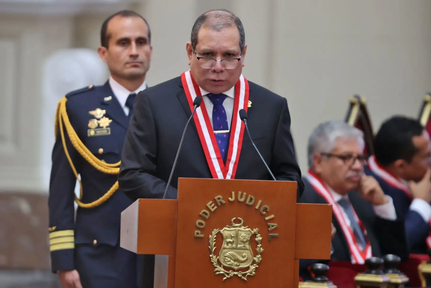 El presidente del Poder Judicial, Javier Arévalo Vela, encabezó la ceremonia de apertura del año judicial 2024 que además contó con la presencia de la presidenta Dina Boluarte. Foto: ANDINA/ Juan Carlos Guzmán