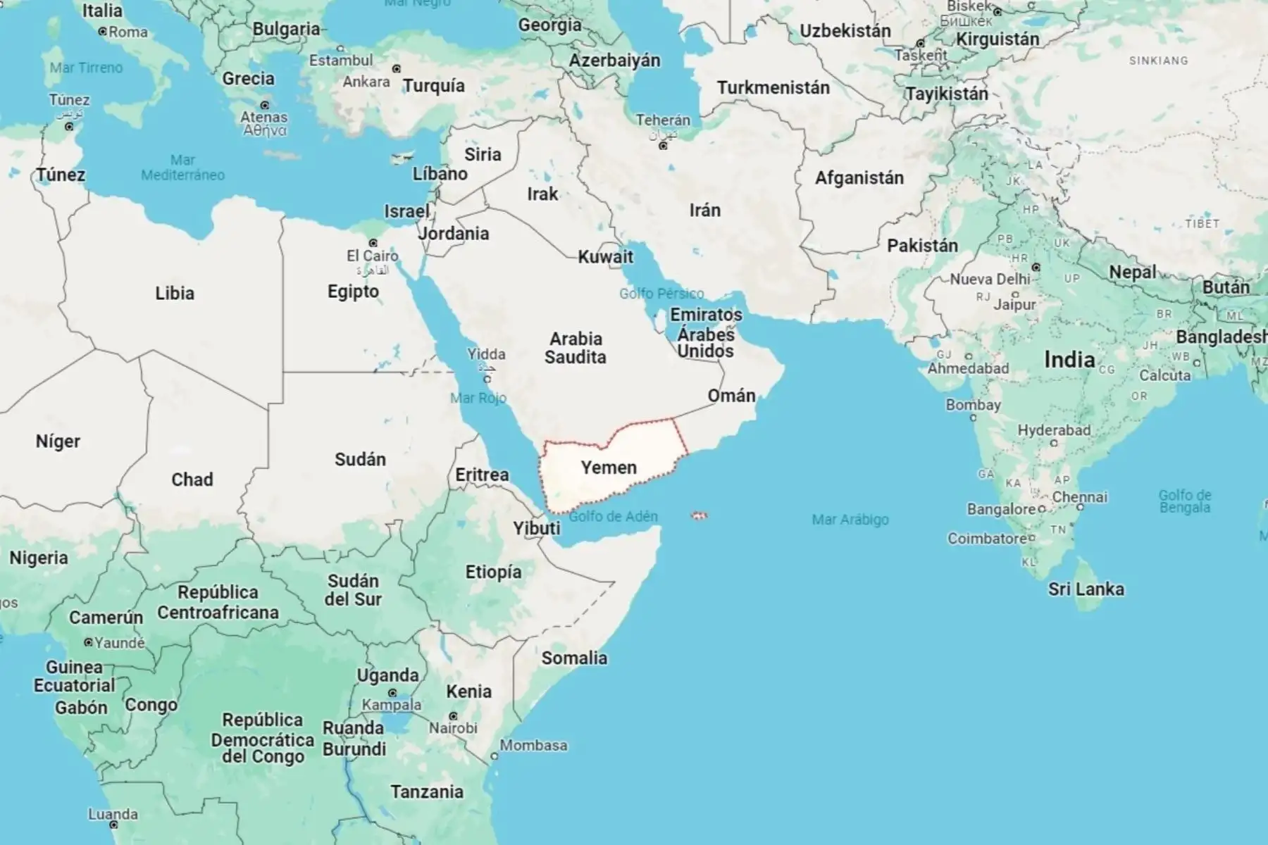 Mapa de localización de Yemen y el Mar Rojo, nueva zona de tensiones en Medio Oriente. Imagen: Google Maps.