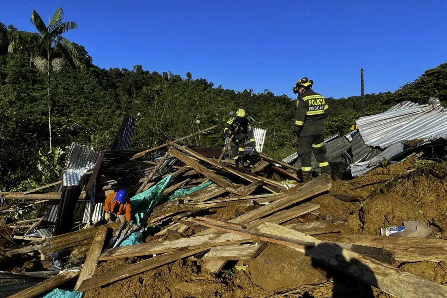 Imagen publicada por la oficina de prensa de la Policía de Colombia que muestra a miembros de los equipos de rescate de la policía buscando cadáveres en el área de un deslizamiento de tierra en la carretera entre Quibdó y Medellín, Departamento de Chocó, Colombia.
Foto: AFP