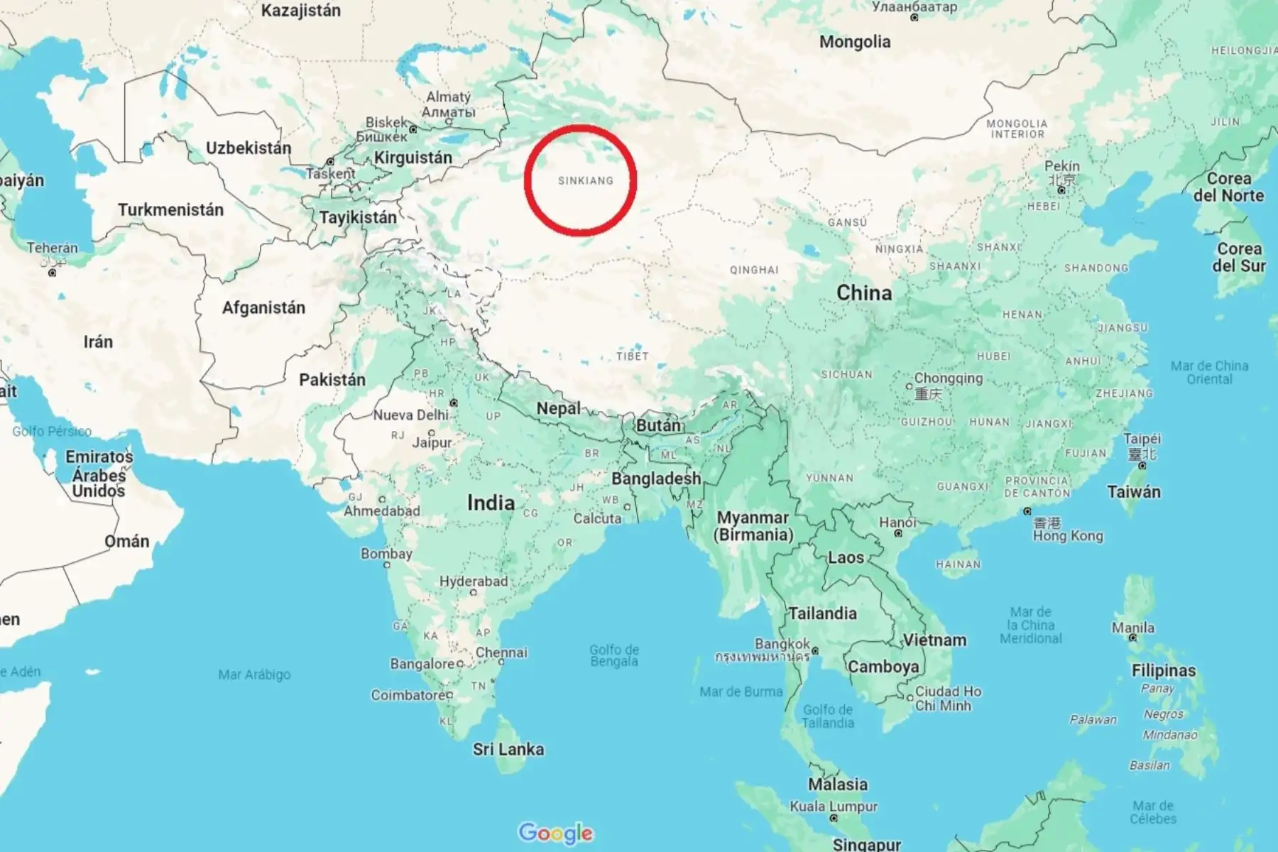 Mapa de ubicación de la región china de Xinjiang, sacudida por un terremoto de magnitud superior a 7. Imagen: Google Maps.