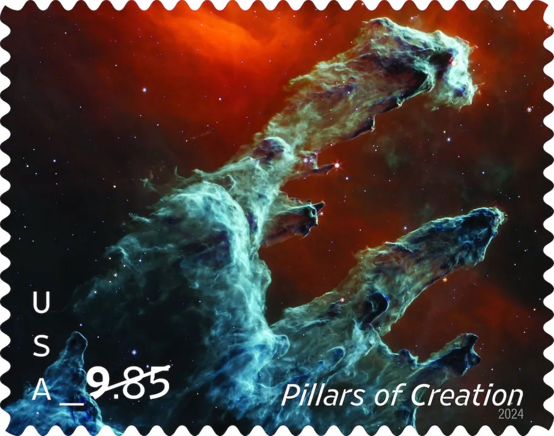 El Servicio Postal de EE. UU. emitió un sello de Priority Mail el 22 de enero de 2024 con una imagen de los Pilares de la Creación tomada por el Telescopio Espacial James Webb de la NASA. Greg Breeding, director de arte del Servicio Postal de EE. UU., diseñó el sello con una imagen proporcionada por la NASA, la ESA, la CSA y el Space Telescope Science Institute.
Servicio Postal de EE. UU.