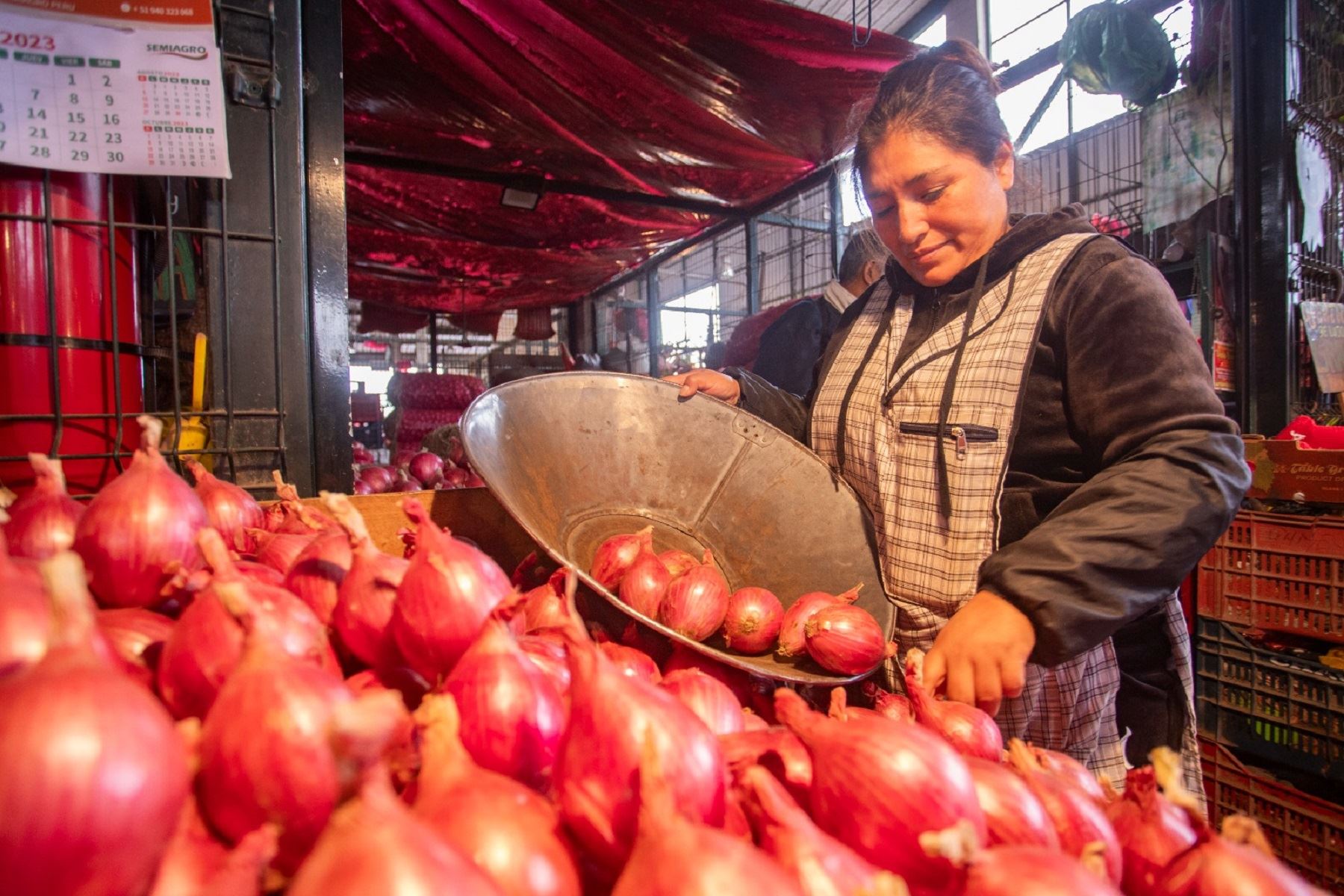 Comercio de cebollas en mercado mayorista. Cortesía Midagri