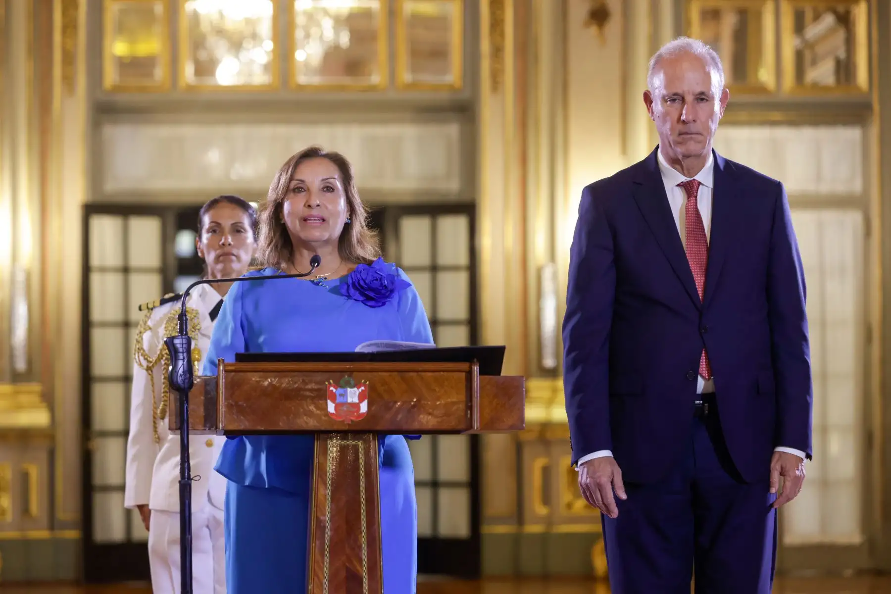 La presidenta de la república, Dina Ercilia Boluarte Zegarra, participó en la ceremonia de saludo por parte del Cuerpo Diplomático. La ceremonia se llevó a cabo en el salón Dorado de Palacio de Gobierno. 
Foto: ANDINA/Presidencia Perú
