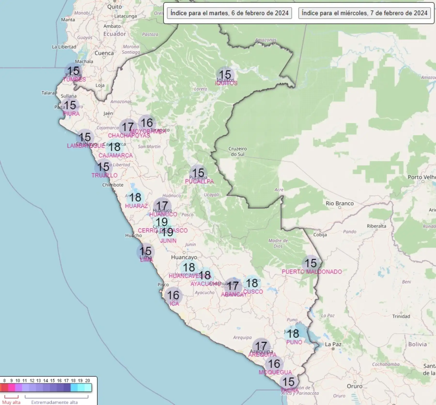 Según el pronóstico elaborado por el Servicio Nacional de Meteorología e Hidrología (Senamhi), para el 6 y 7 de febrero, estas son las regiones con mayor nivel de radiación ultravioleta en Perú en el rango extremadamente alto.