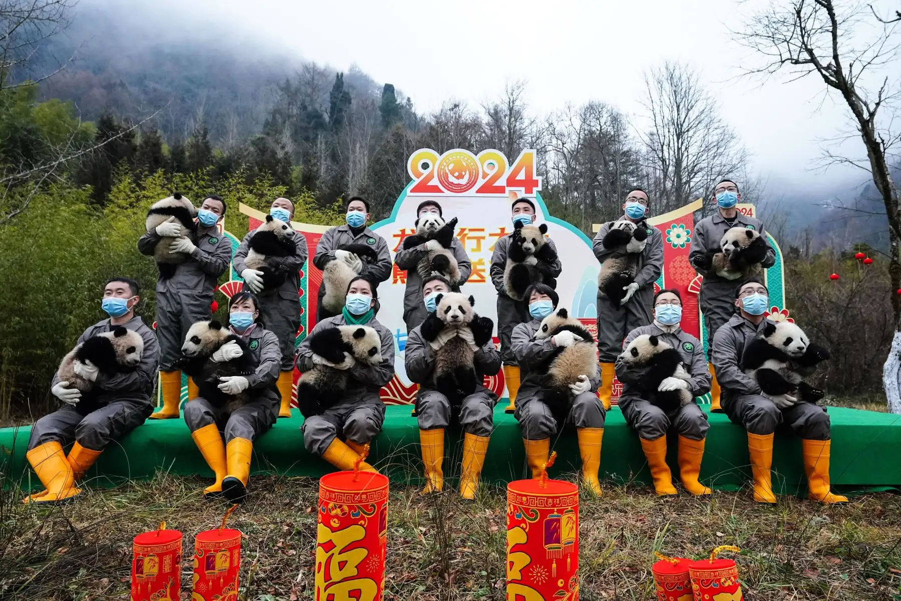 Cuidadores de pandas sosteniendo a sus cachorros posando para fotografías en la base de cría de Shenshuping de la Reserva Natural Nacional Wolong en Wenchuan, en la provincia suroccidental china de Sichuan, antes del Año Nuevo Lunar del Dragón.
Foto: AFP