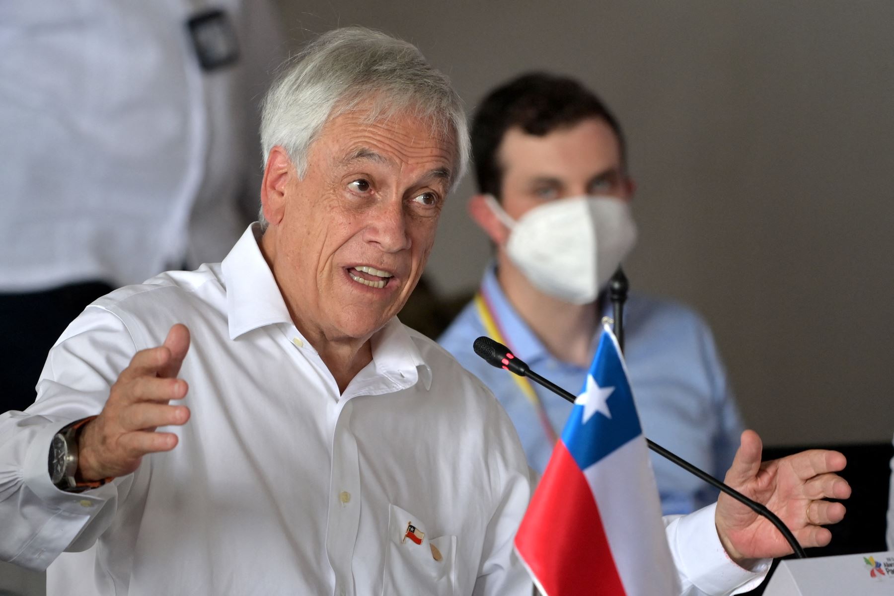 El presidente chileno, Sebastián Piñera, habla durante la XVI cumbre presidencial de la Alianza del Pacífico en la Base Naval de Málaga, cerca del puerto marítimo de Buenaventura, Colombia, el 26 de enero de 2022.
Foto: AFP