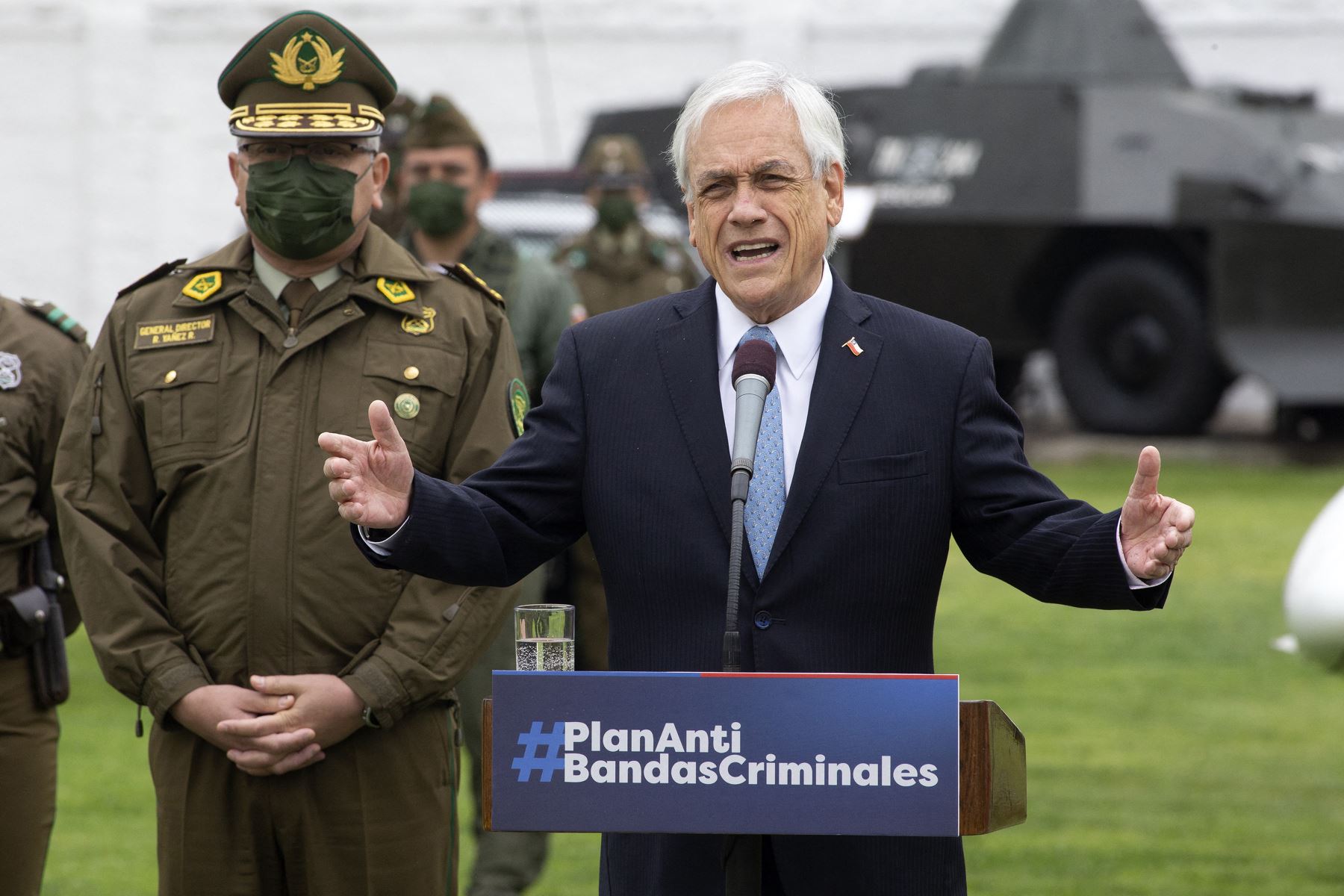 El presidente chileno, Sebastián Piñera, habla durante la presentación del nuevo plan contra las pandillas, el tráfico de armas y las drogas, en Santiago, el 14 de octubre de 2021.
Foto: AFP