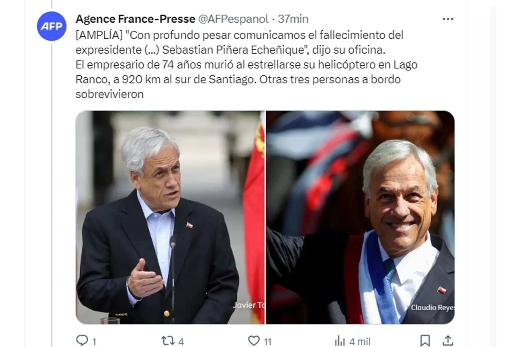 AFP. Así informan los medios internacionales el fallecimiento del ex- presidente de Chile, Sebastián Piñera.
Foto: Captura TV