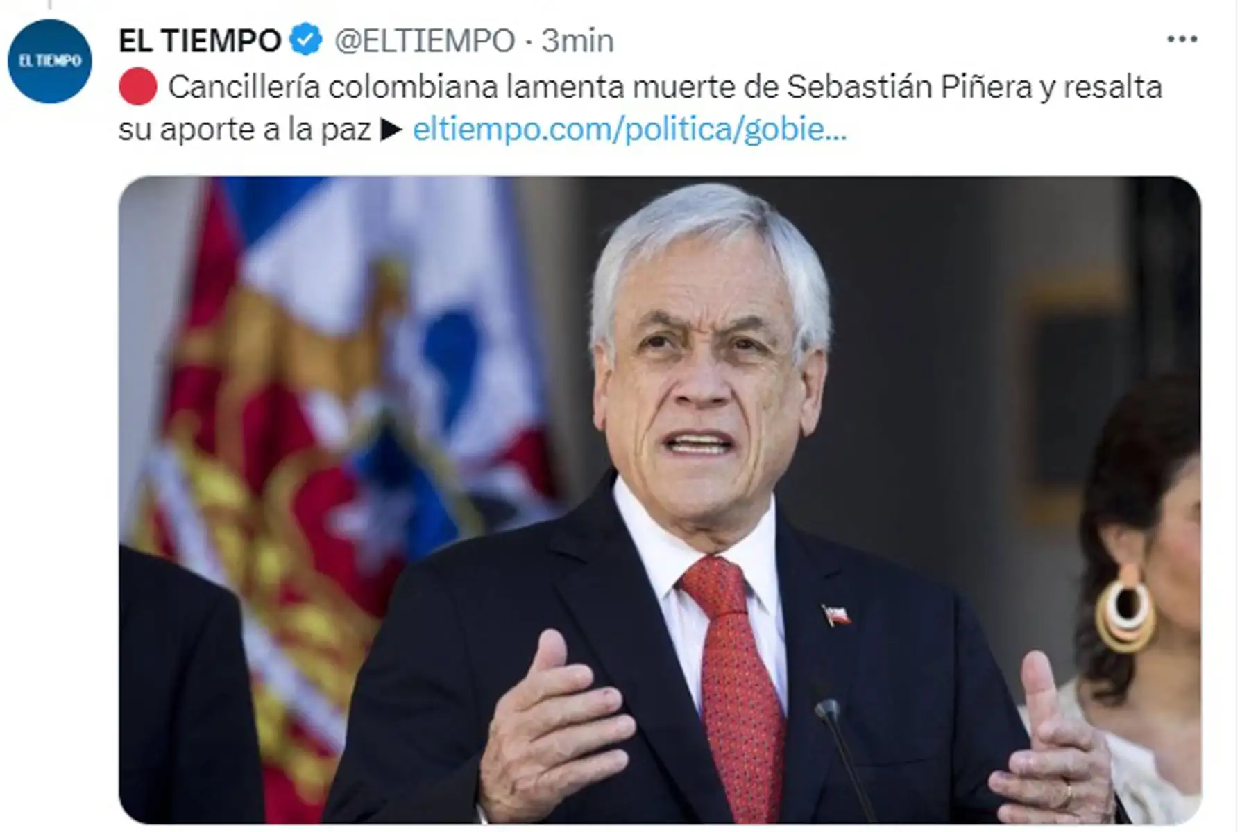 Diario El Tiempo. Así informan los medios internacionales el fallecimiento del ex- presidente de Chile, Sebastián Piñera.
Foto: Captura TV
