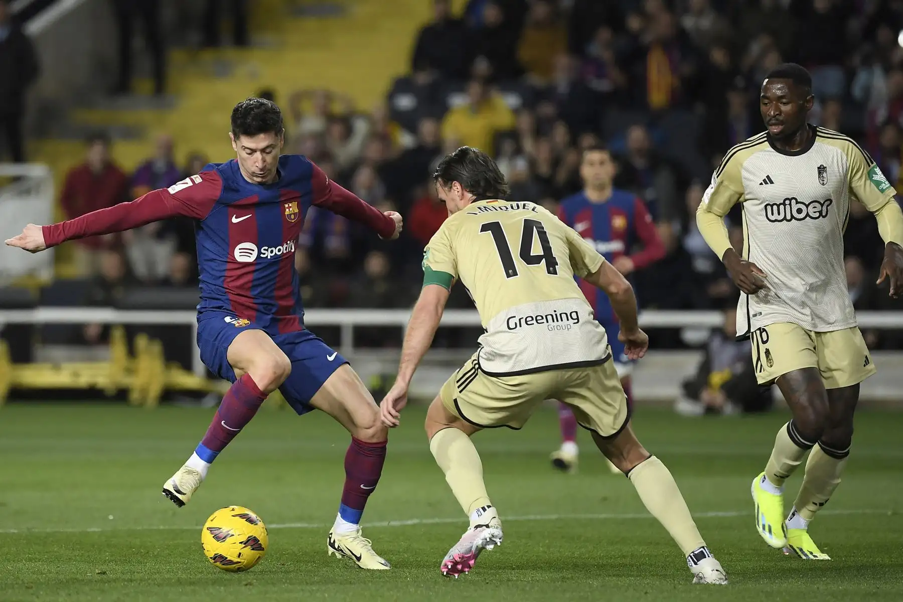 El delantero polaco del Barcelona, Robert Lewandowski es desafiado por el defensor español del Granada, Ignasi Miquel durante el partido de fútbol de la liga española entre el FC Barcelona y el Granada FC en el Estadi Olimpic Lluis Companys de Barcelona. 
Foto: AFP