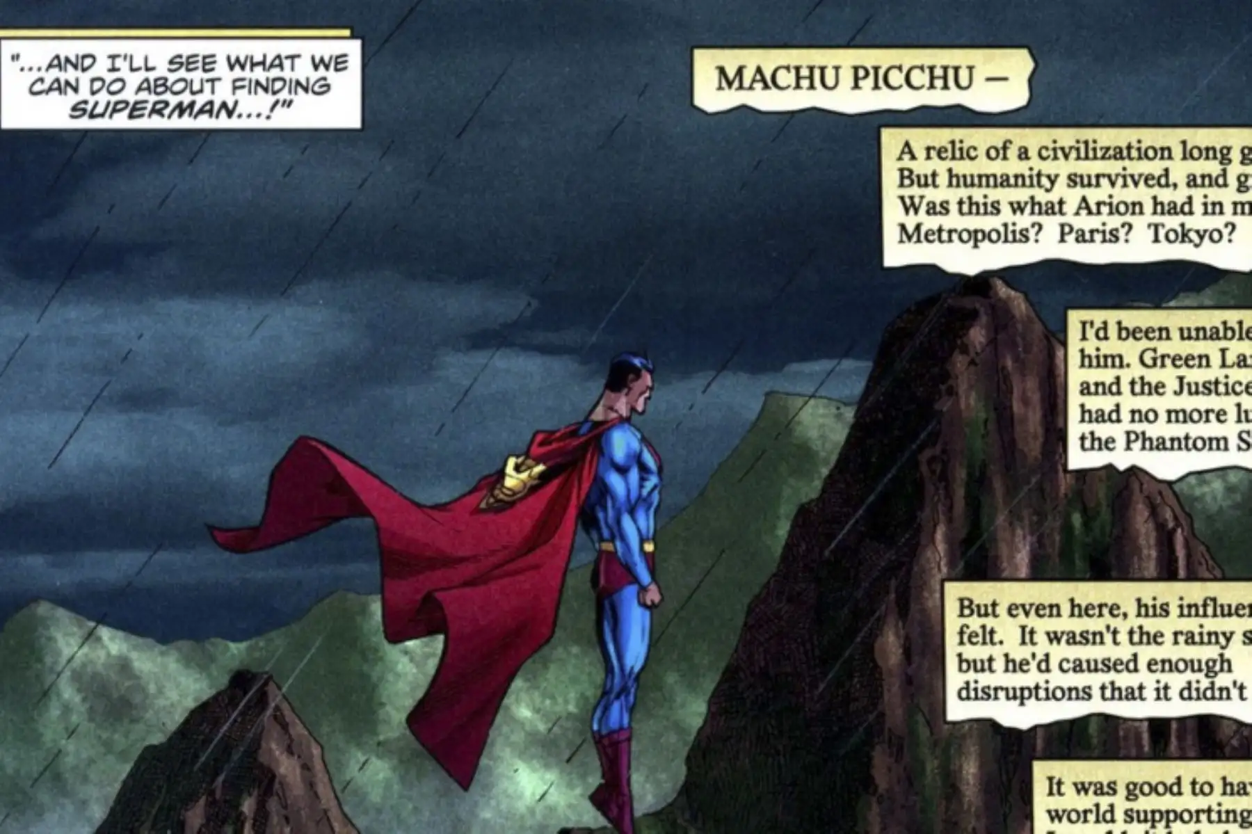 Así es, el último hijo de Krypton, en el cómic Superman: Camelot Falls V.2: The Weight of the World, también estuvo en Machupicchu cuando buscaba al famoso villano Arion. Asombrado, se detuvo a contemplar la belleza de nuestra maravilla mundial.
Foto: DC Cómics