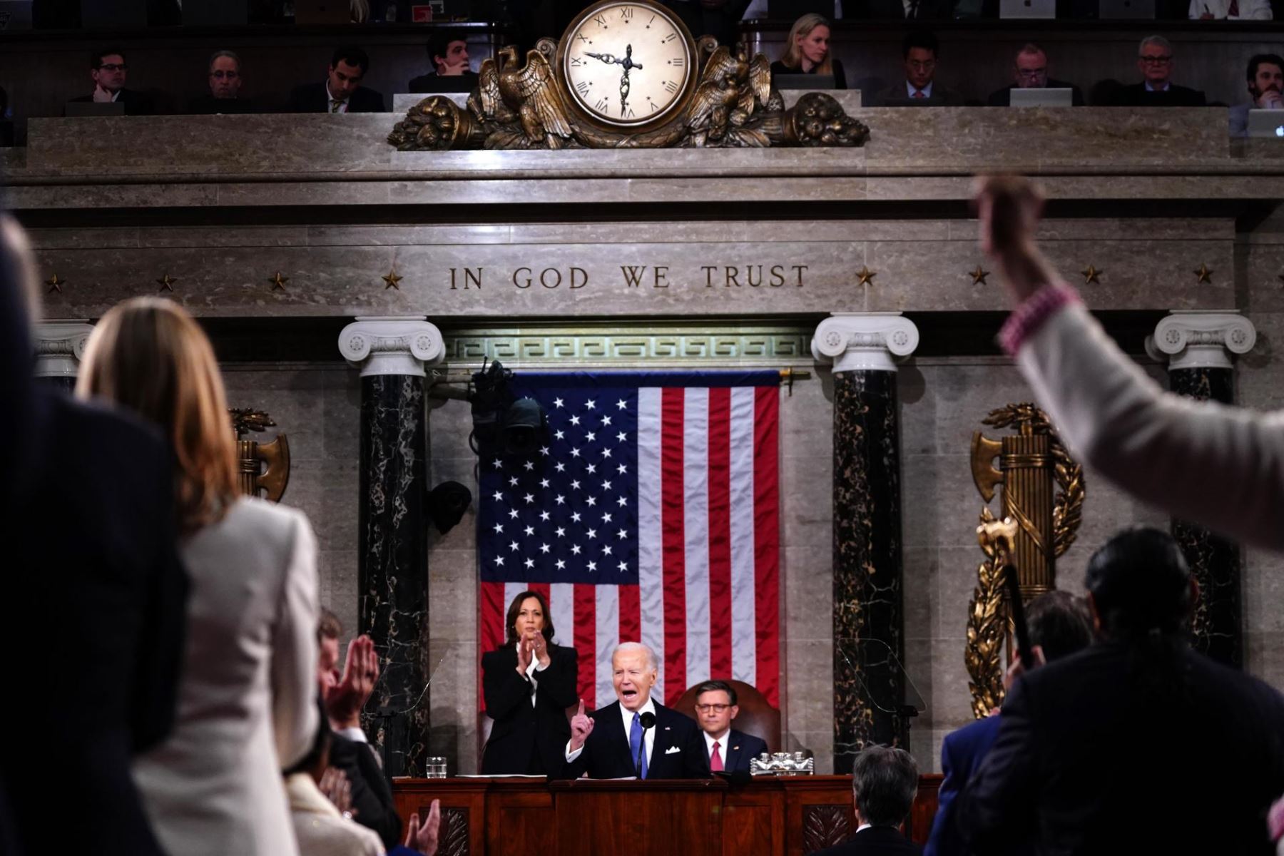 El presidente de Estados Unidos, Joe Biden, pronuncia su tercer discurso sobre el estado de la Unión en una sesión conjunta del Congreso en el Capitolio en Washington, DC., el 7 de marzo del 2024. Foto: EFE