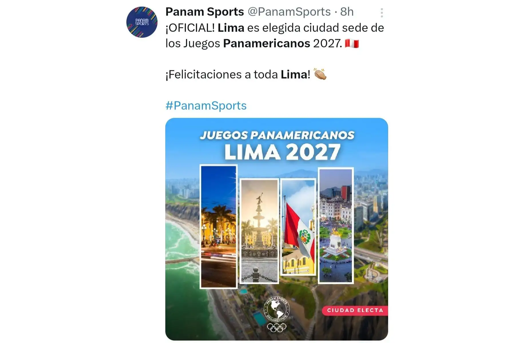 Así informó la organización Panam Sports, con sede en los EE.UU., sobre la elección de la ciudad de Lima (Perú) como sede de los Juegos Panamericanos y Parapanamericanos 2027. Foto: INTERNET/Medios