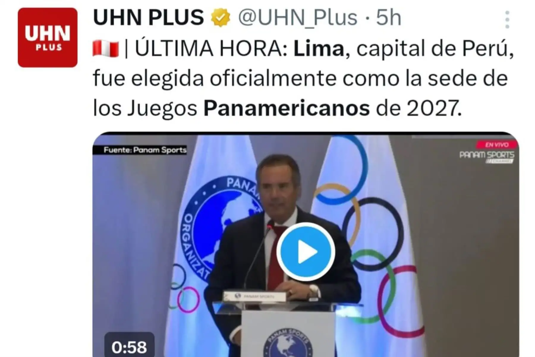 Así informó el medio independiente UHN Plus, con sede en Miami, EE.UU., sobre la elección de la ciudad de Lima (Perú) como sede de los Juegos Panamericanos y Parapanamericanos 2027. Foto: INTERNET/Medios