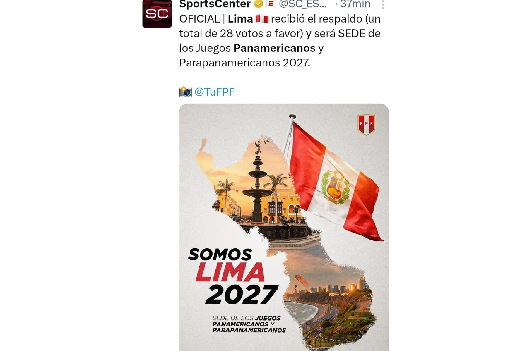 Así informó el noticiero Sports Center, de la cadena norteamericana ESPN, sobre la elección de la ciudad de Lima (Perú) como sede de los Juegos Panamericanos y Parapanamericanos 2027. Foto: INTERNET/Medios