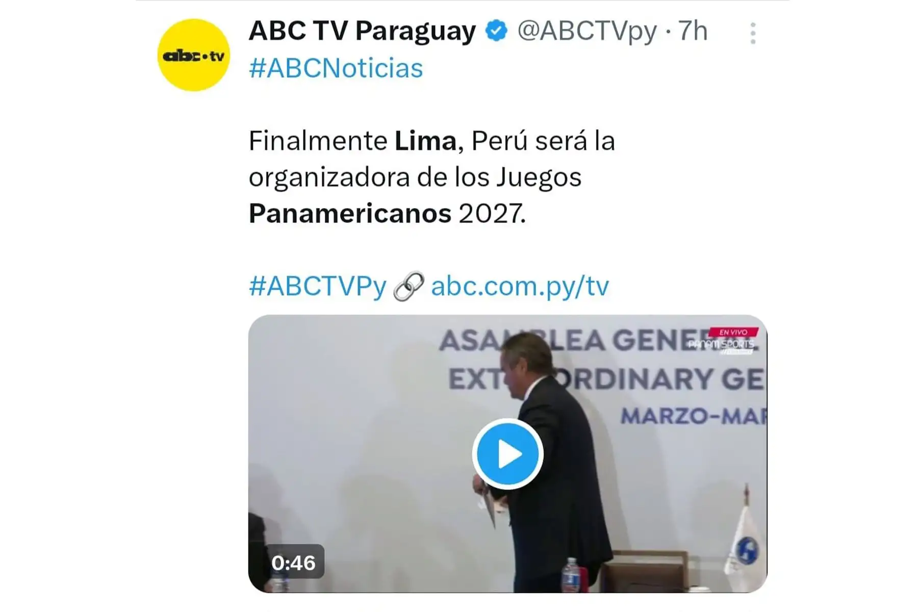 Así informó el canal de TV ABC de Paraguay sobre la elección de la ciudad de Lima (Perú) como sede de los Juegos Panamericanos y Parapanamericanos 2027. Foto: INTERNET/Medios
