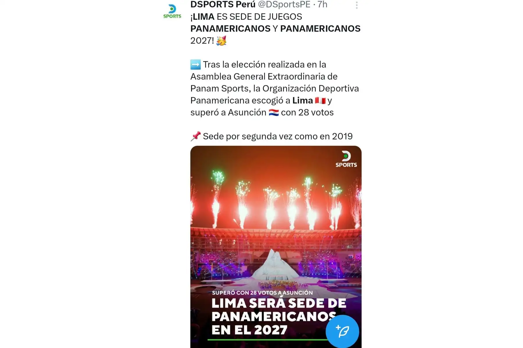 Así informó el canal de TV DSports de Direct TV, que llega a toda Latinoamérica, sobre la elección de la ciudad de Lima (Perú) como sede de los Juegos Panamericanos y Parapanamericanos 2027. Foto: INTERNET/Medios