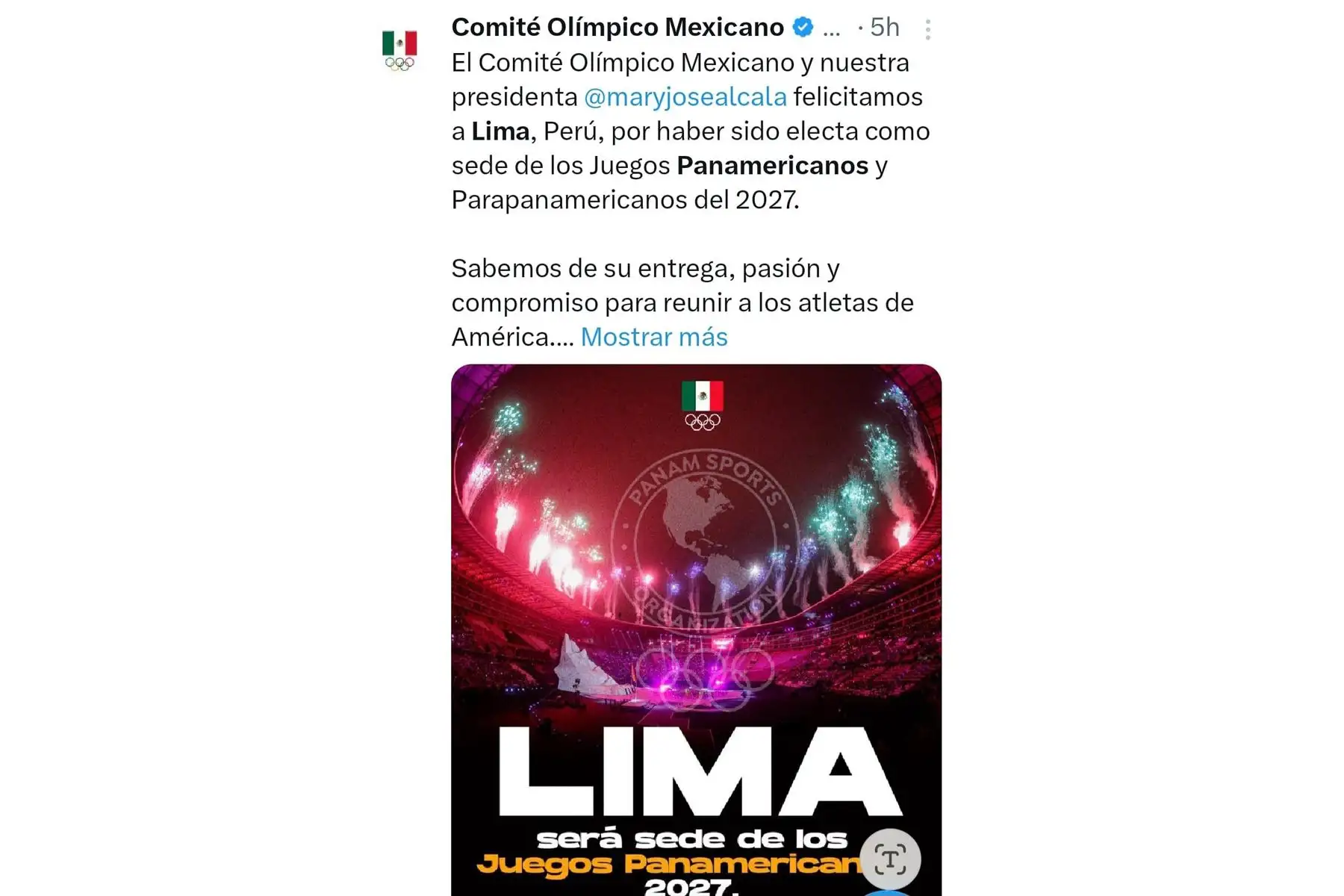 Así informó el Comité Olímpico Mexicano a través de la red social X (antes Twitter) sobre la elección de la ciudad de Lima (Perú) como sede de los Juegos Panamericanos y Parapanamericanos 2027. Foto: INTERNET/Medios