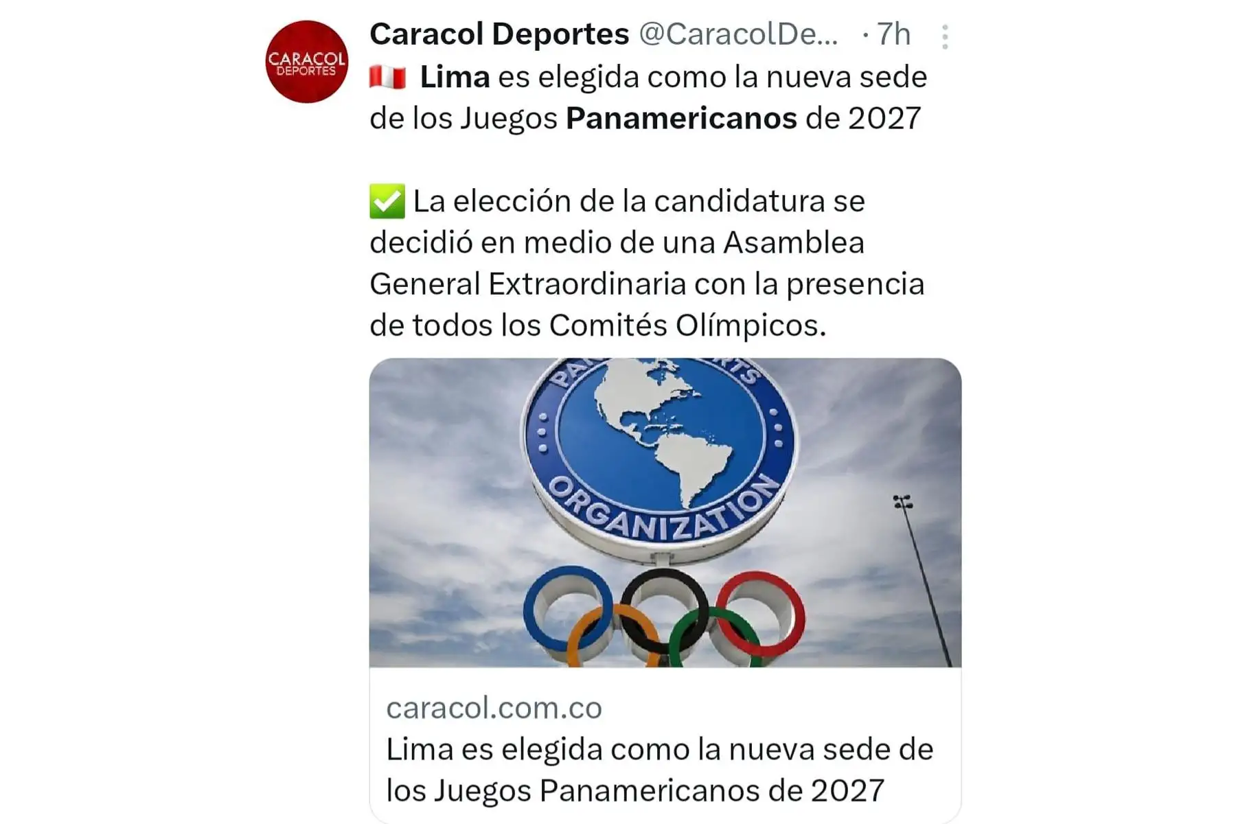 Así informó la cadena de noticias Caracol de Colombia sobre la elección de la ciudad de Lima (Perú) como sede de los Juegos Panamericanos y Parapanamericanos 2027. Foto: INTERNET/Medios
