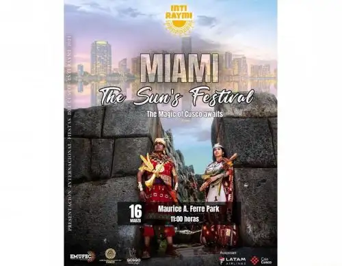 El Inti Raymi llega a Miami, Estados Unidos. Una delegación de Cusco hará una escenificación para anunciar la gran Fiesta del Sol que se celebra el 24 de junio en la ciudad imperial.