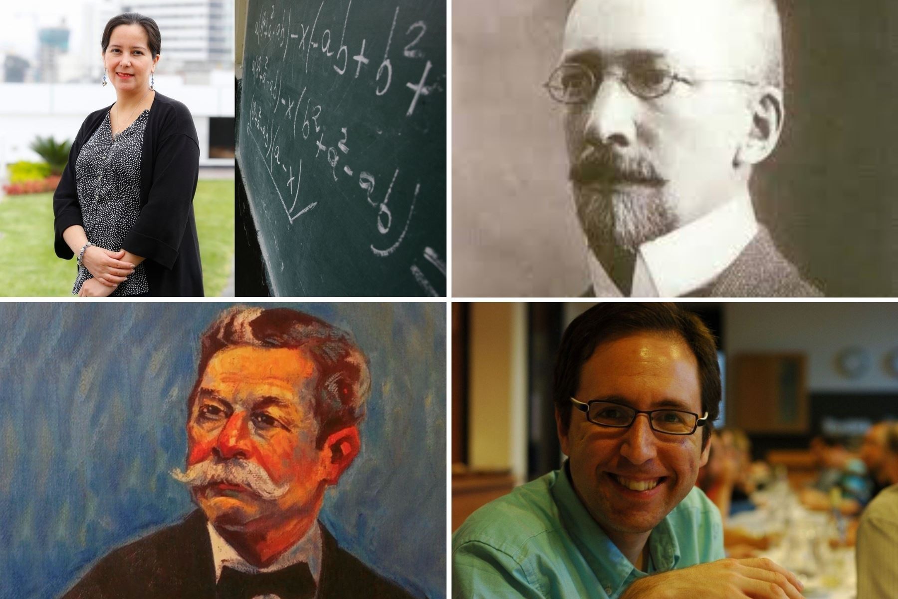 La doctora Yboon García (esquina superior izquierda); el doctor Mariano Damaso Beraun (esquina superior derecha); Federico Villarreal (esquina inferior izquierda) y Harald Helfgott (esquina inferior derecha) son algunos de los más destacados matemáticos peruanos.