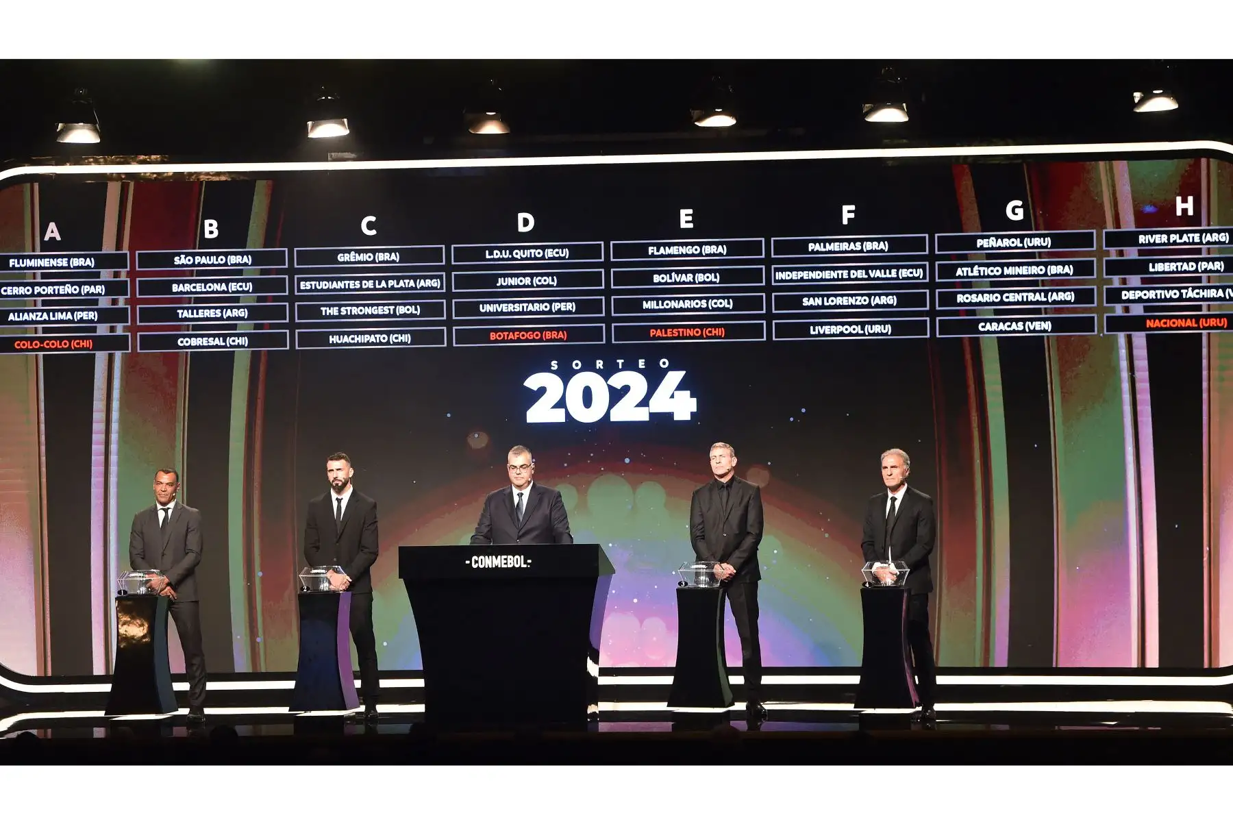 Los grupos se muestran en una pantalla detrás del Director de Competiciones de Clubes de la Conmebol, Frederico Nantes, el exfutbolista brasileño Cafu, el delantero argentino Lucas Pratto , el exfutbolista argentino Martín Palermo  y El exfutbolista argentino Oscar Ruggeri durante el sorteo de la Copa Libertadores en la sede de la Conmebol en Luque, Paraguay.
Foto: AFP