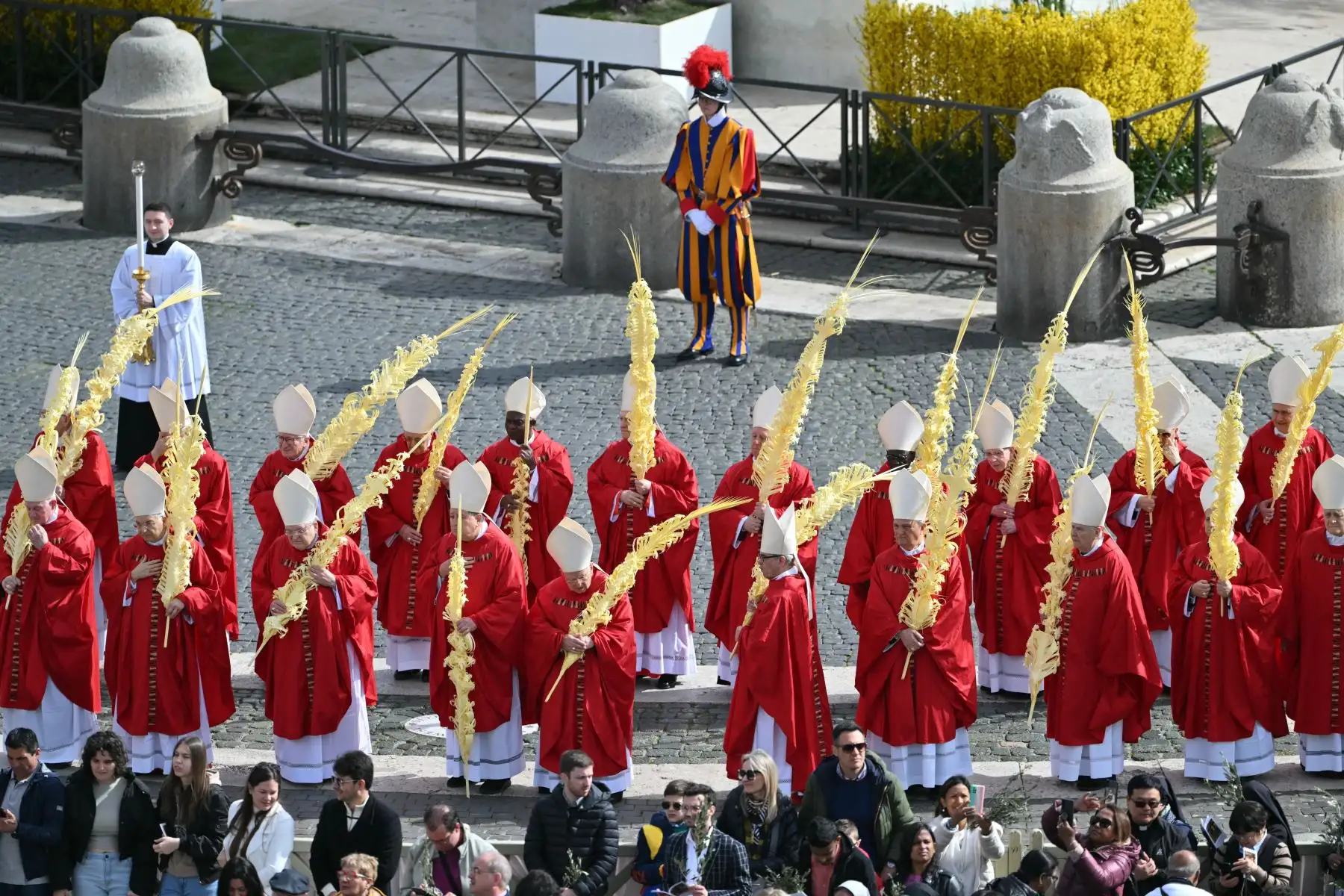 Los cardenales participan en una procesión durante la santa misa del Domingo de Ramos en la plaza de San Pedro en el Vaticano. 
Foto: ANDINA/ AFP