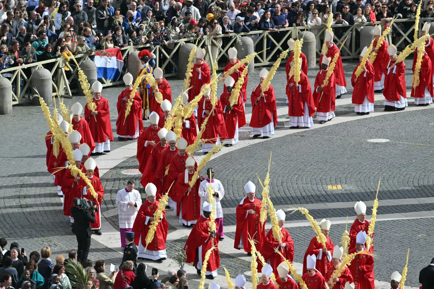 Los cardenales participan en una procesión durante la santa misa del Domingo de Ramos en la plaza de San Pedro en el Vaticano. Foto: ANDINA/ AFP