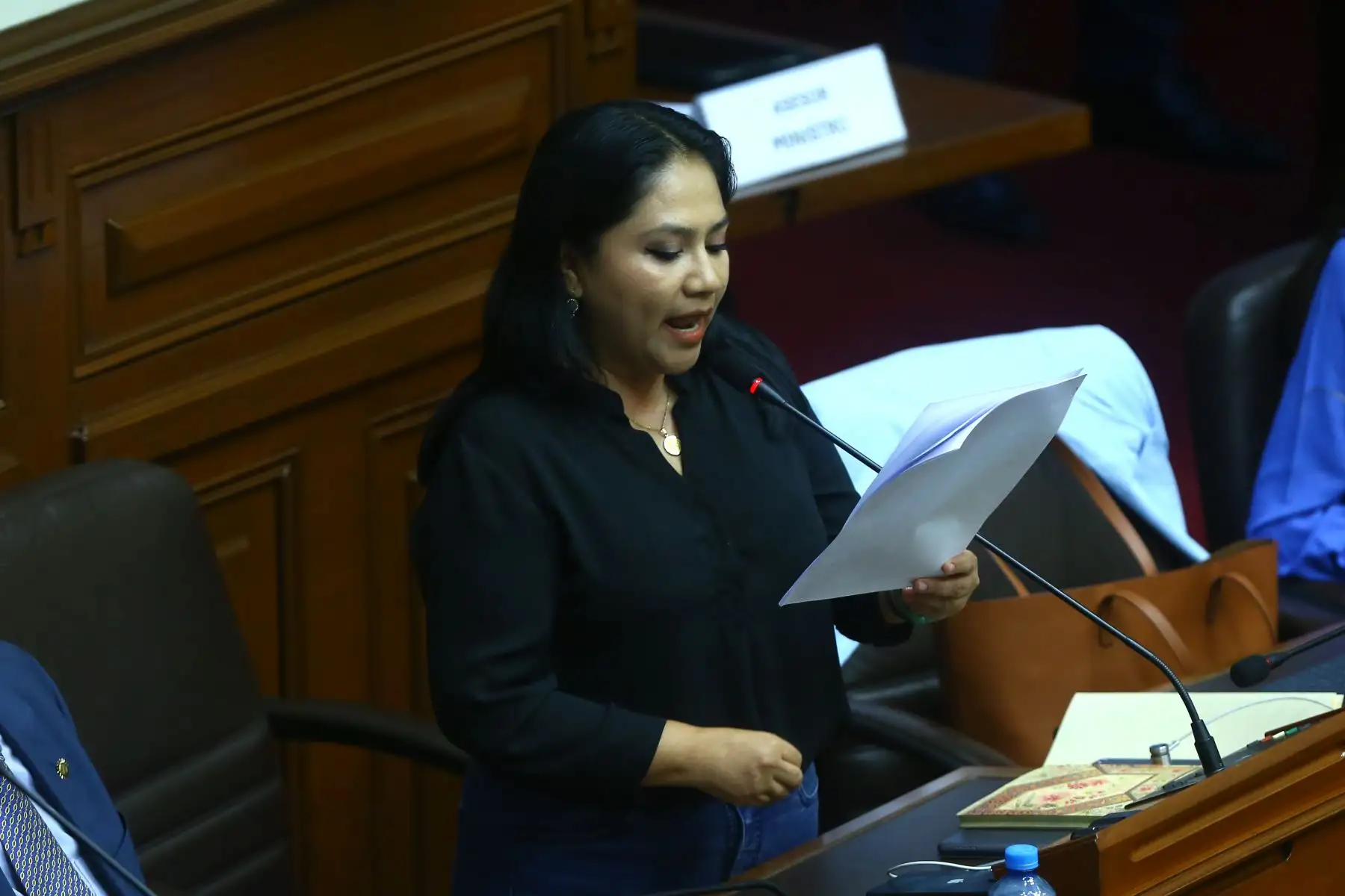 La congresista de Podemos Perú, Heidy Suarez, expone en el pleno del Congreso, durante la sesión que aborda la interpelación a los ministros de Transportes y Comunicaciones, Raúl Pérez-Reyes Espejo, y de Energía y Minas, Rómulo Mucho. Foto: ANDINA/Eddy Ramos