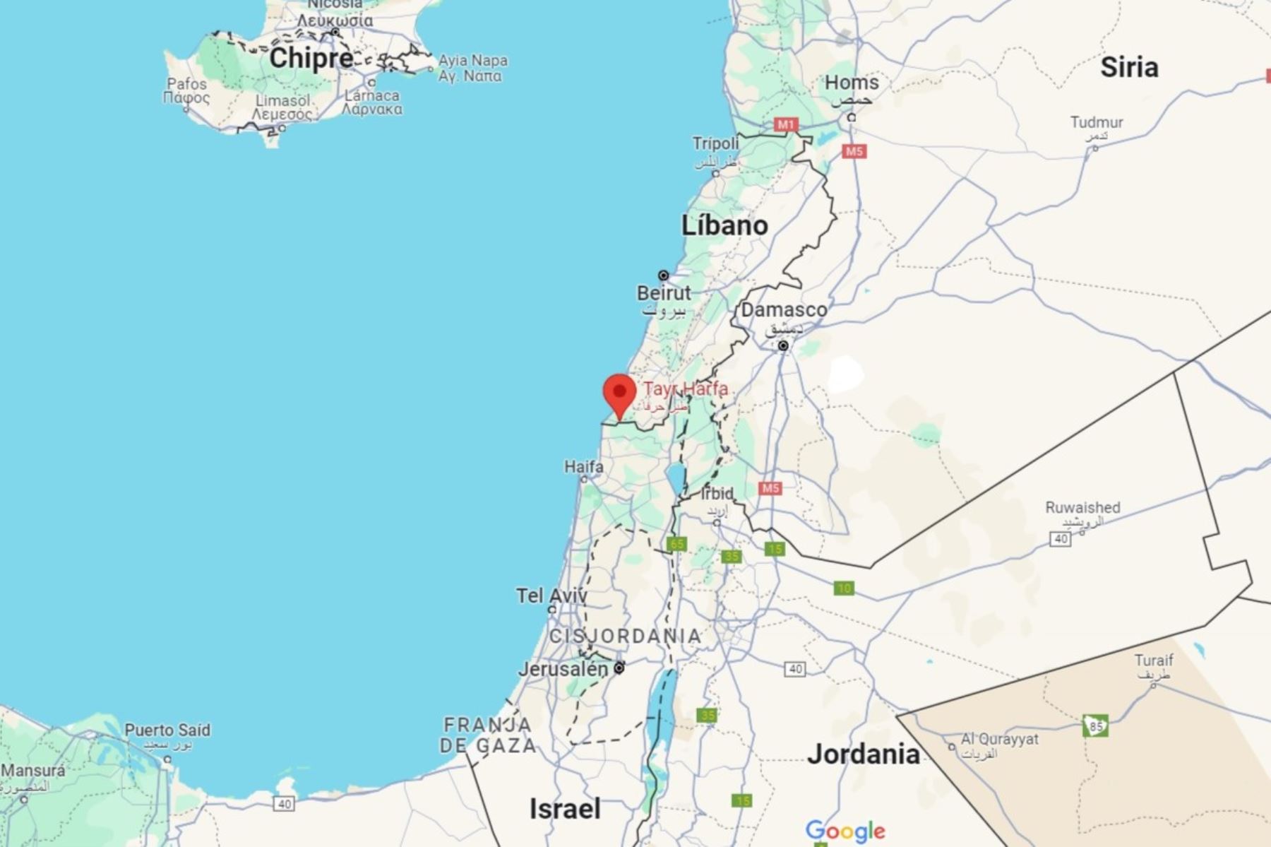 Mapa de ubicación de Tair Harfa, en el sur del Líbano, zona bombardeada por Israel. Imagen: Google Maps.