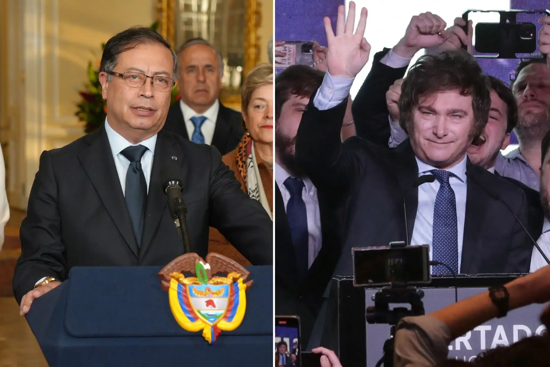 Presidentes de Colombia y Argentina, Gustavo Petro (i) y Javier Milei (d).