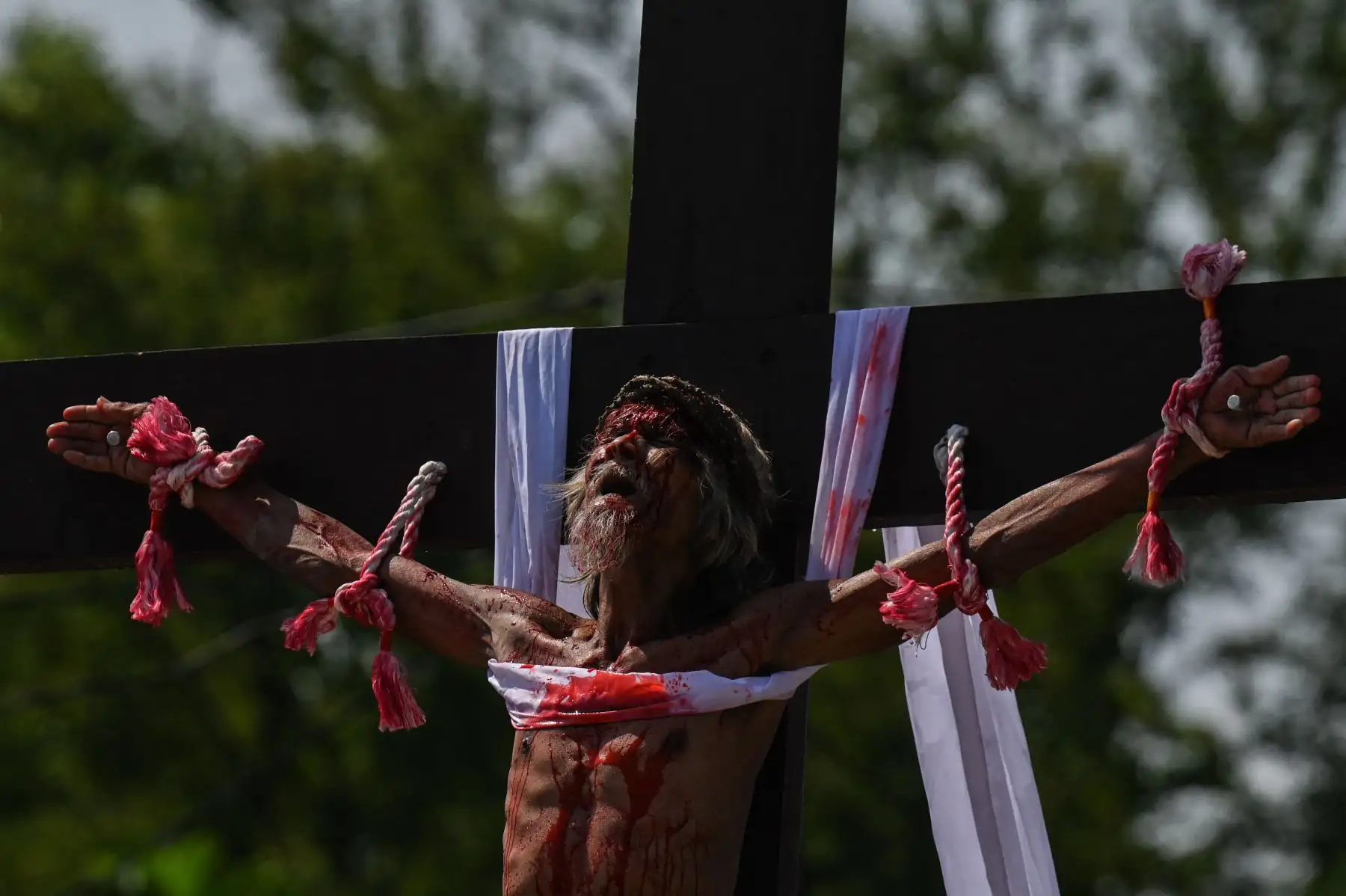 El devoto cristiano filipino Wilfredo Salvador participa en la recreación de la crucifixión de Jesucristo el Viernes Santo en San Fernando, provincia de Pampanga. Foto: ANDINA/AFP