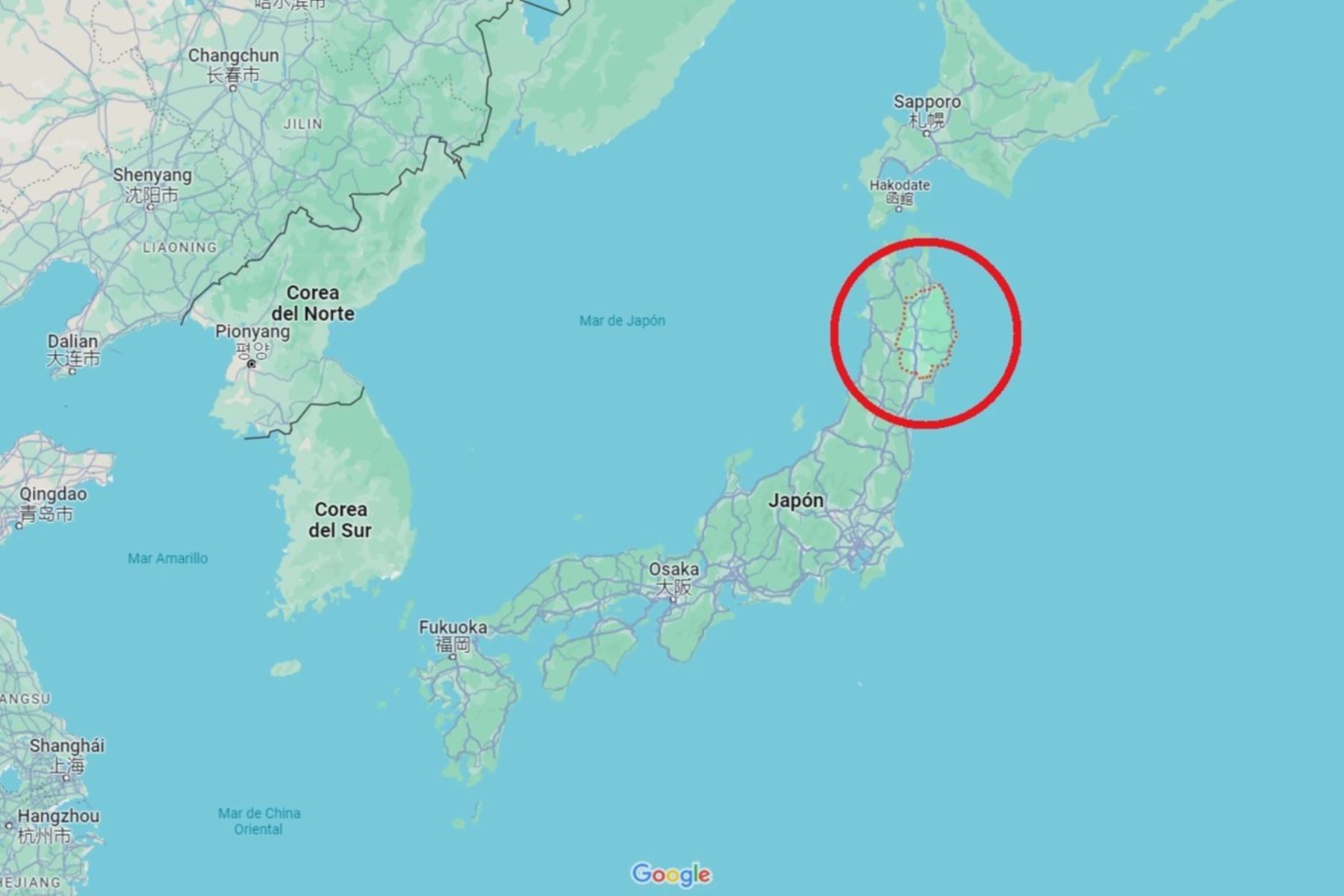 Mapa de ubicación de la prefectura de Iwate, en Japón, sacudida por un terremoto. Imagen: Google Maps.