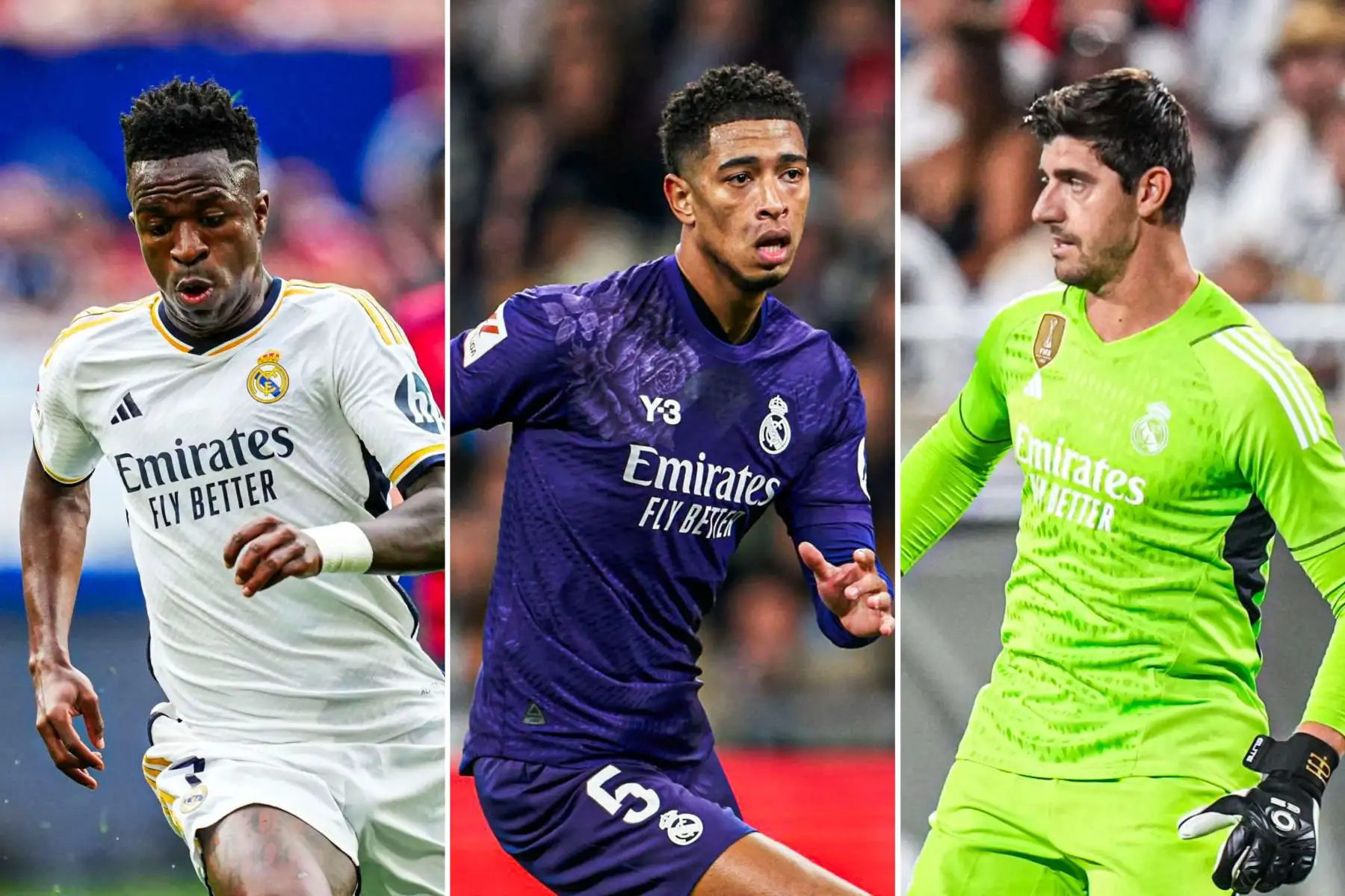 Jude Bellingham, Vinícius Júnior y Thibaut Courtois.