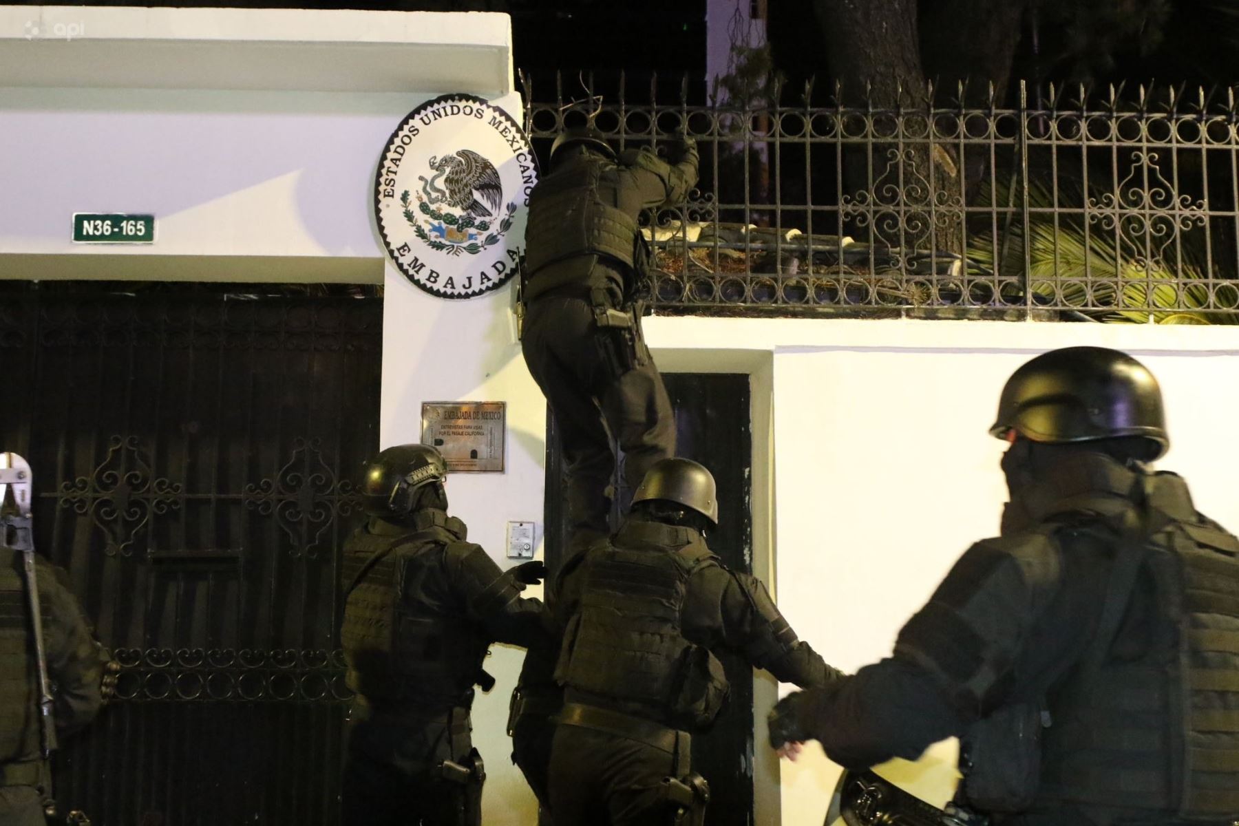 Grupo de élite de la policía ecuatoriana ingresa en la embajada de México en Quito. Foto: Ecuadorplay/X