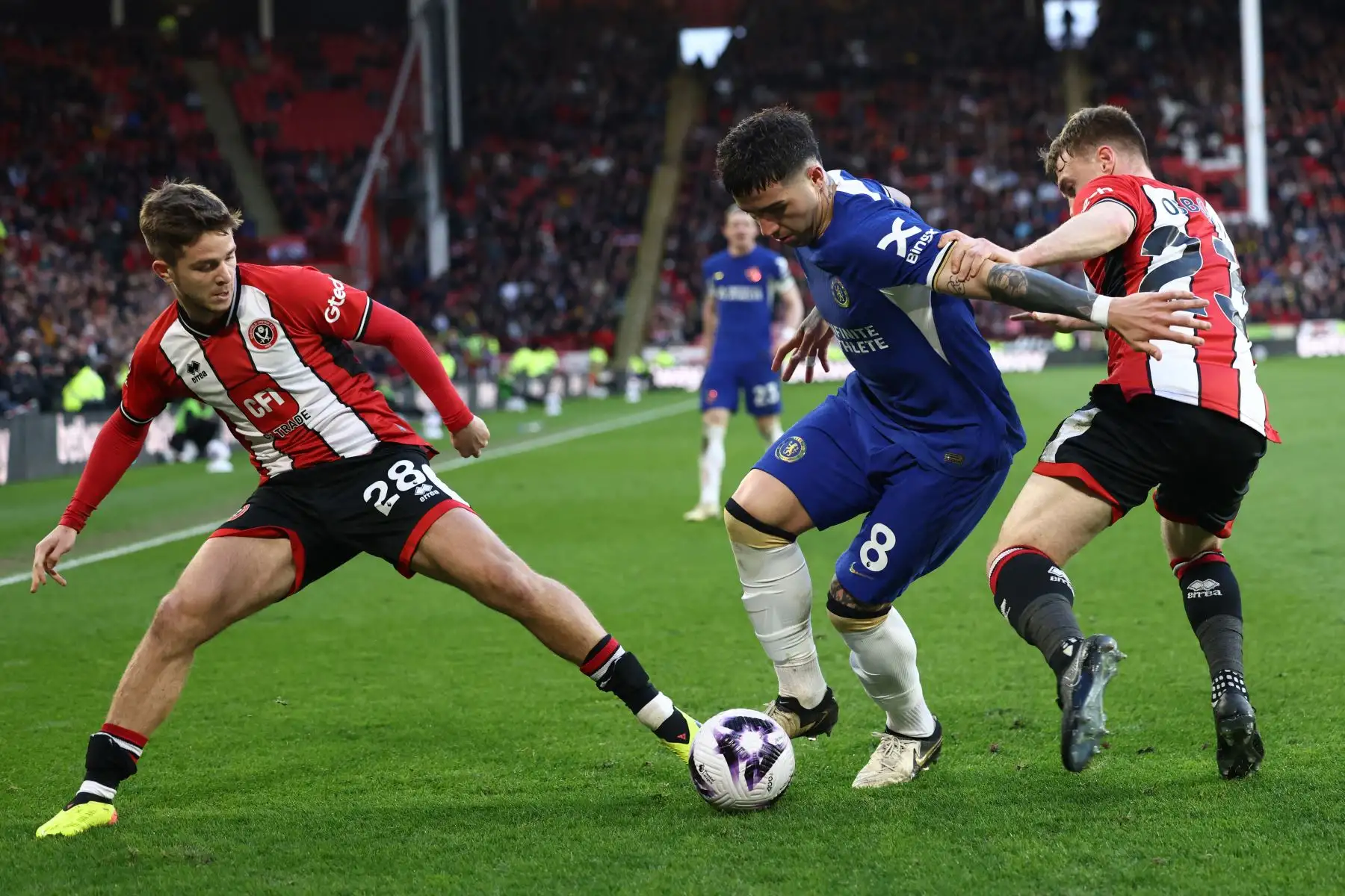 El centrocampista argentino del Chelsea Enzo Fernández  compite con el centrocampista inglés del Sheffield United James McAtee  y el centrocampista inglés del Sheffield United Ben Osborn durante el partido de fútbol de la Liga Premier inglesa entre Sheffield United y Chelsea en Bramall Lane en Sheffield, norte de Inglaterra. Foto: ANDINA/ AFP