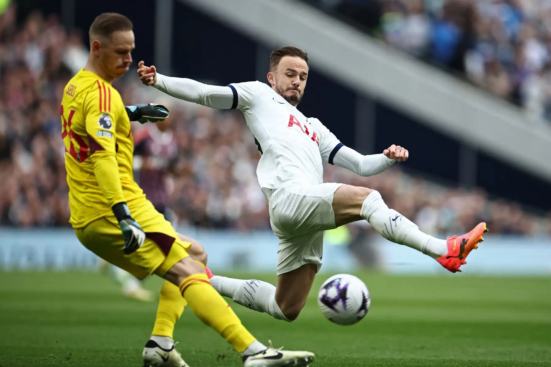 El mediocampista inglés del Tottenham Hotspur James Maddison  cierra al portero belga del Nottingham Forest  Matz Sels durante el partido de fútbol de la Premier League inglesa entre Tottenham Hotspur y Nottingham Forest en el estadio Tottenham Hotspur de Londres. Foto: ANDINA/AFP