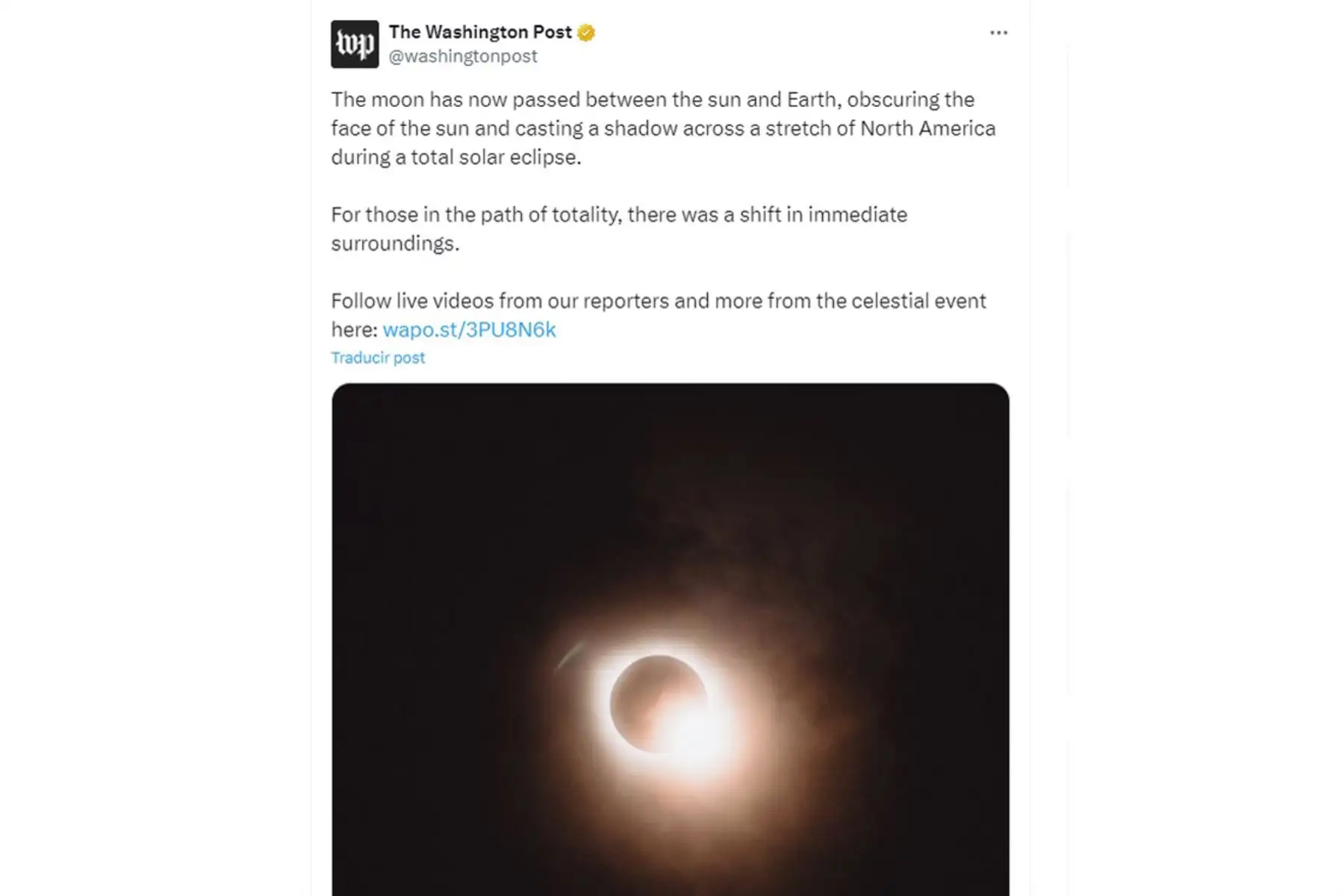 Así informó The Washington Post sobre el eclipse solar total de abril del 2024, que pudo ser visto por millones de personas desde México, Estados Unidos y Canadá. Foto: INTERNET/Medios