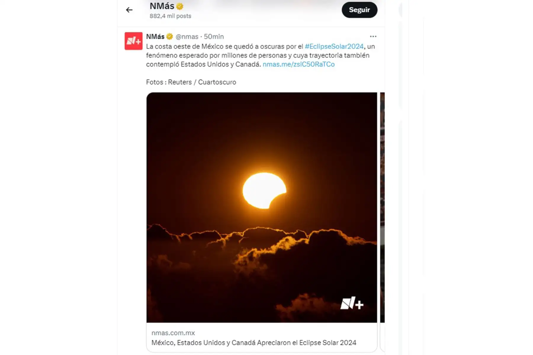 Así informó N+ Noticias de México sobre el eclipse solar total de abril del 2024, que pudo ser visto por millones de personas desde México, Estados Unidos y Canadá. Foto: INTERNET/Medios