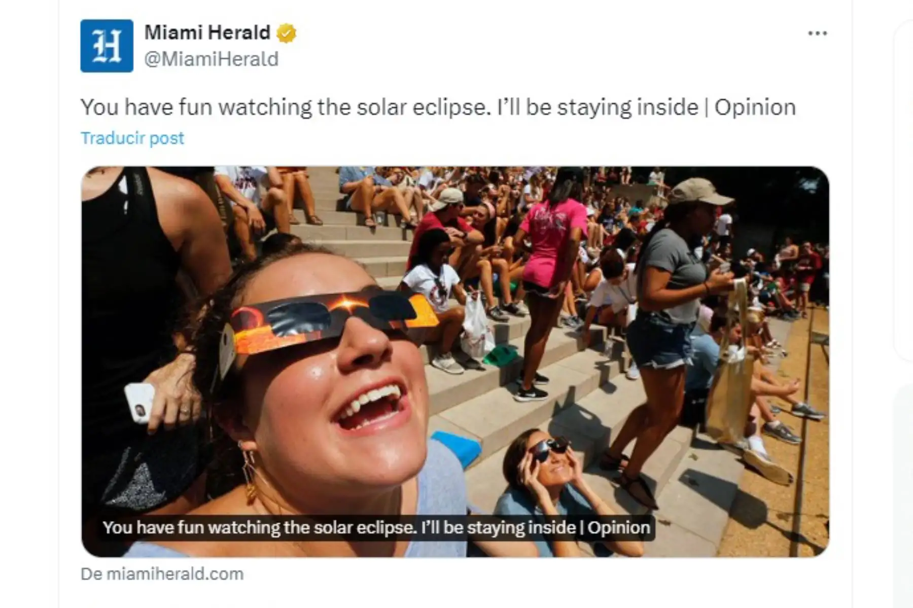 Así informó el Miami Herald sobre el eclipse solar total de abril del 2024, que pudo ser visto por millones de personas desde México, Estados Unidos y Canadá. Foto: INTERNET/Medios