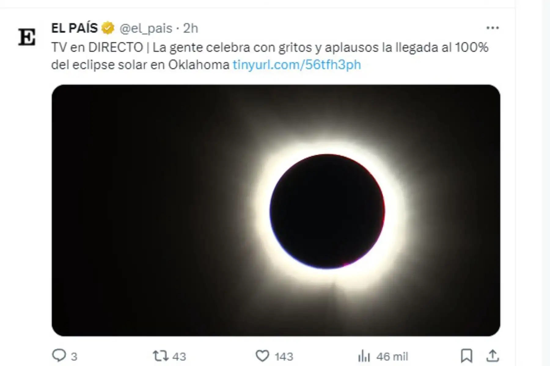 Así informó El País de España sobre el eclipse solar total de abril del 2024, que pudo ser visto por millones de personas desde México, Estados Unidos y Canadá. Foto: INTERNET/Medios