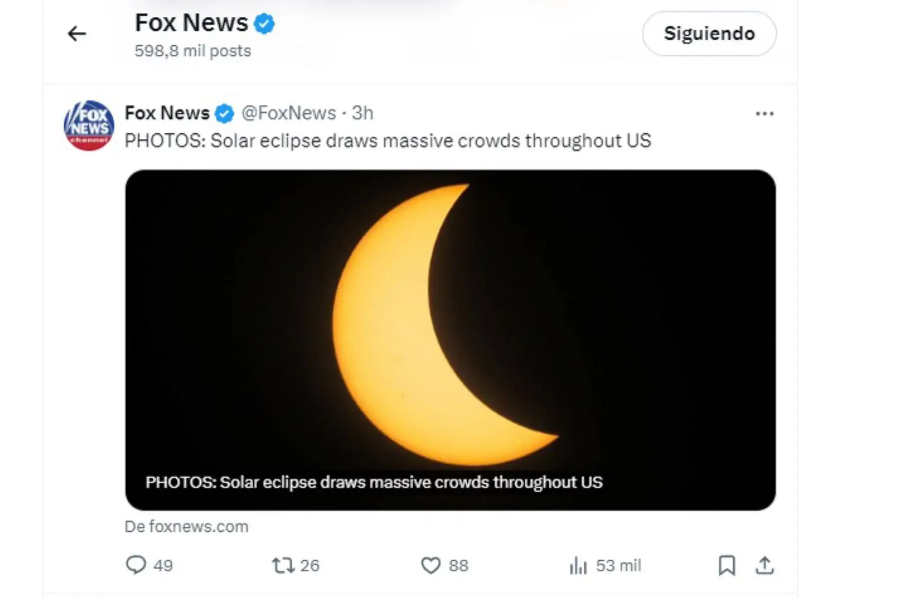 Así informó Fox News sobre el eclipse solar total de abril del 2024, que pudo ser visto por millones de personas desde México, Estados Unidos y Canadá. Foto: INTERNET/Medios